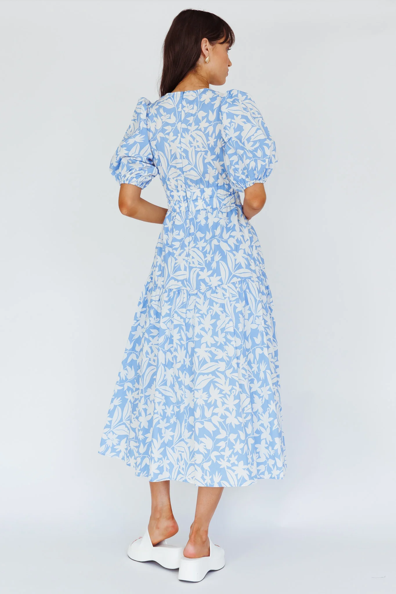 Summer Land V-Neckline Midi Dress Floral Blue - Seraphlike