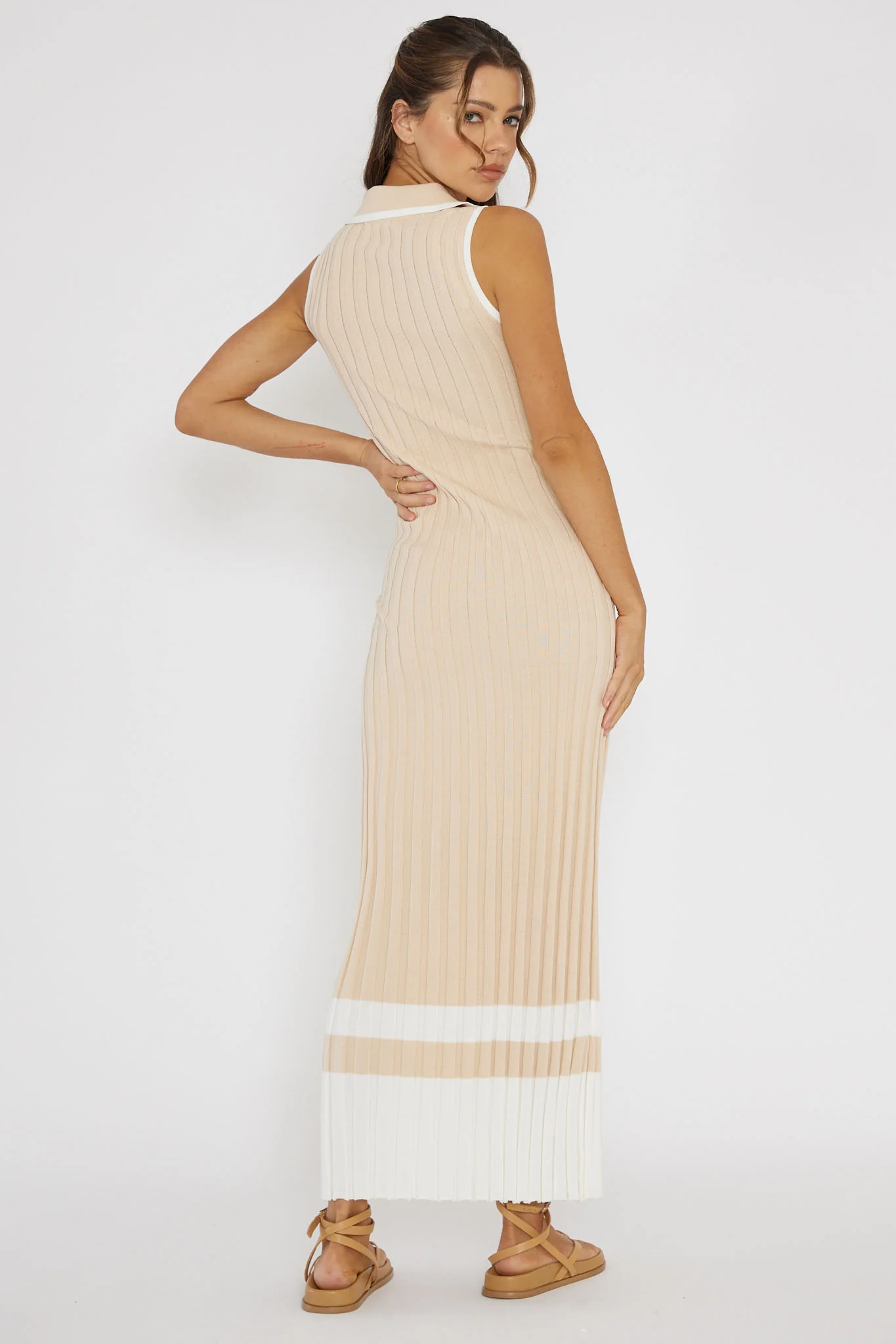 Cayla Button-Up Ribbed Knit Dress Sand - Seraphlike