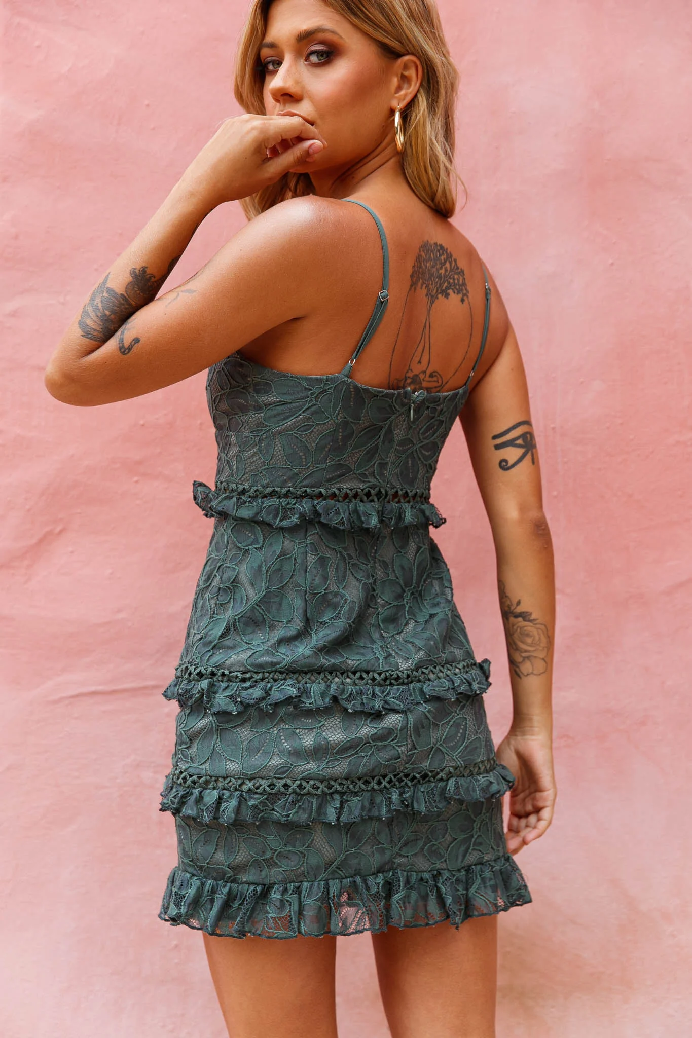 Dear Lover Cami Strap Frill Detail Lace Dress Green - Seraphlike