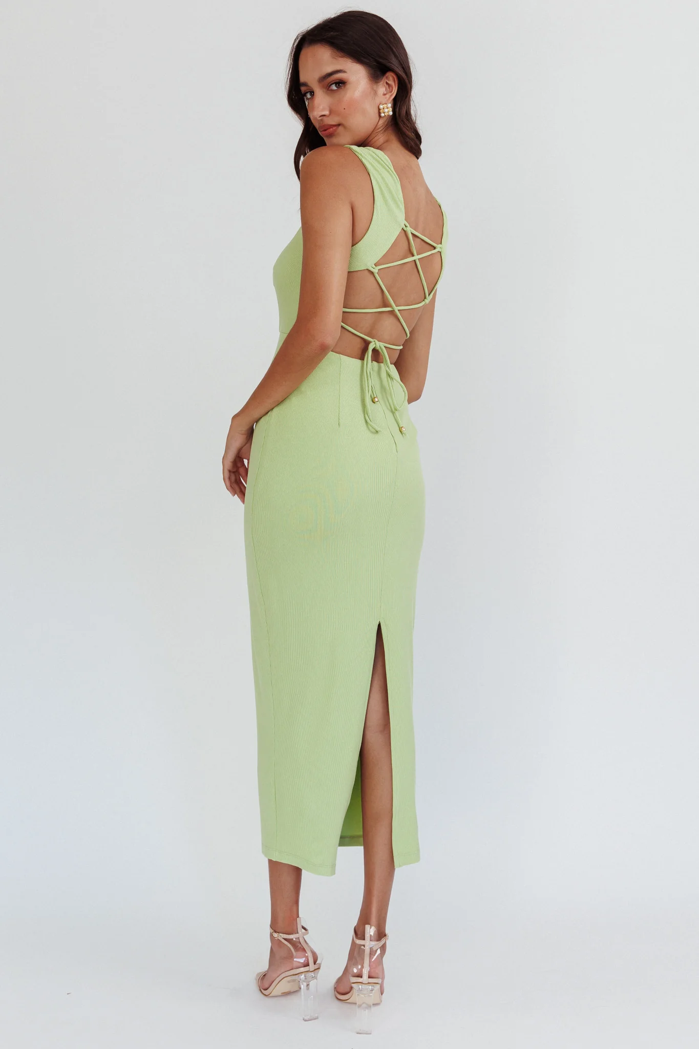 Jennine Lace-Up Back Midi Dress Matcha - Seraphlike