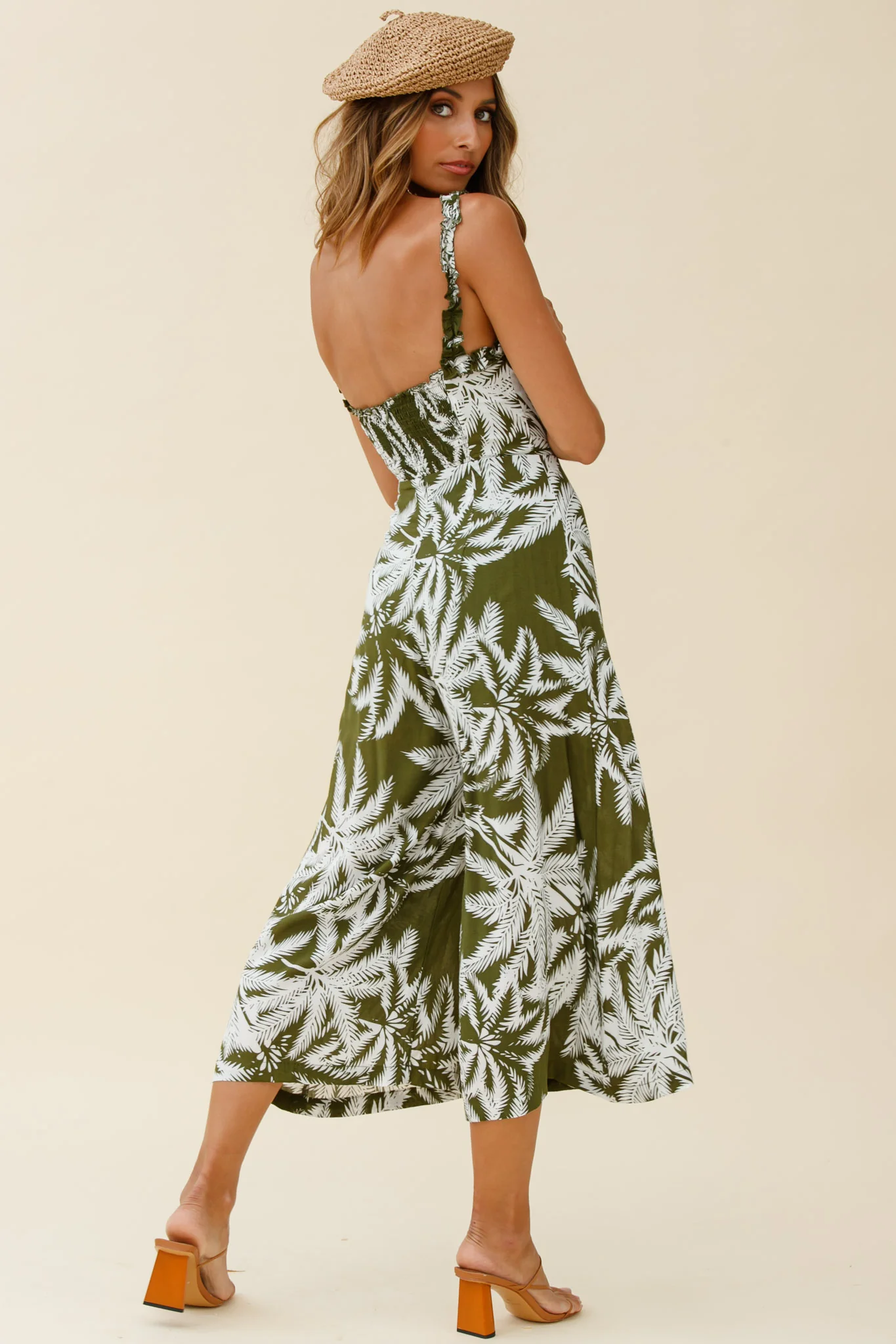 Magdalene Frill Strap Midi Jumpsuit Palm Print Olive - Seraphlike