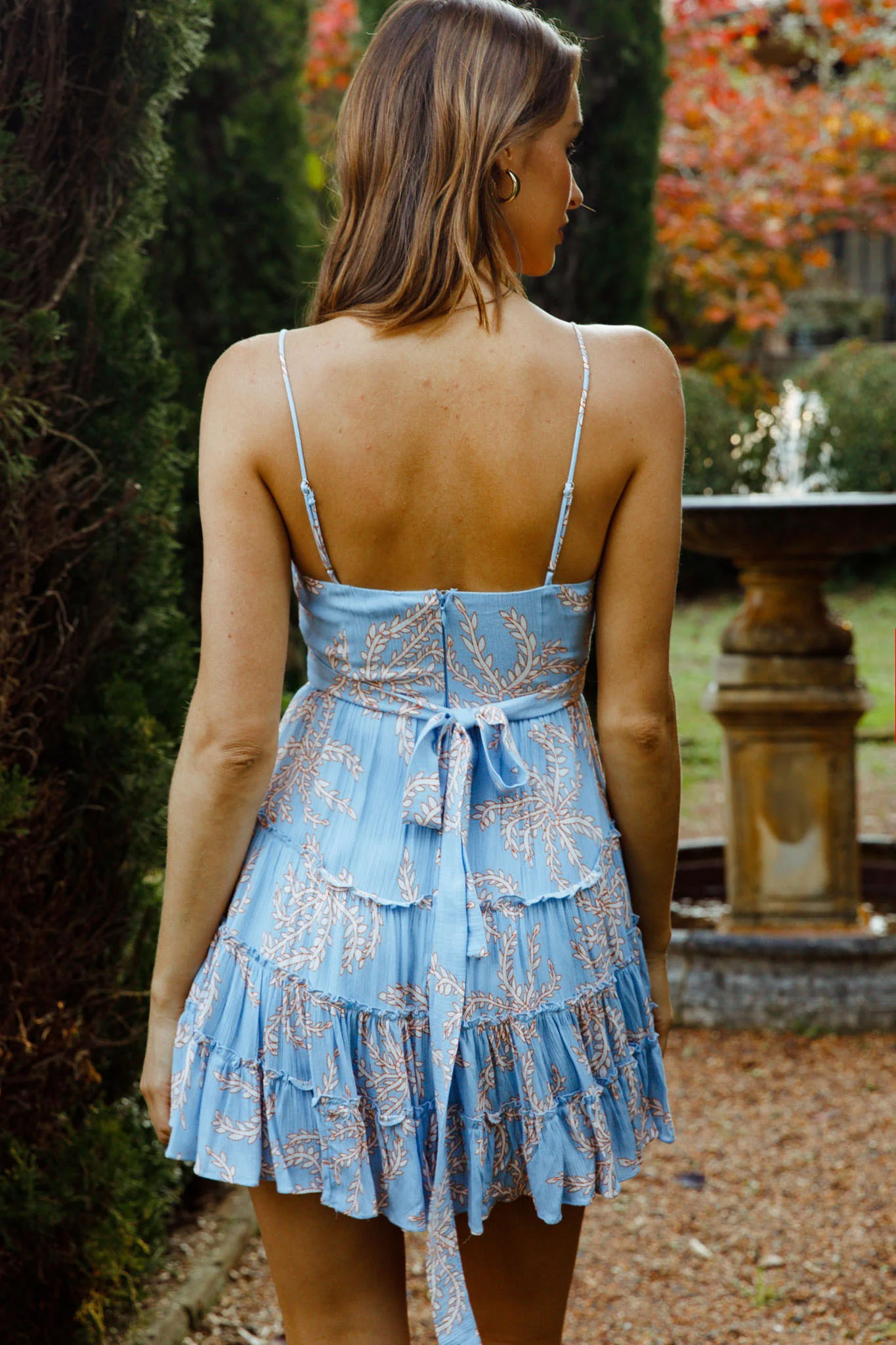 Jocelyn Cami Strap Waist Tie Ruffle Dress Leaf Print Blue - Seraphlike