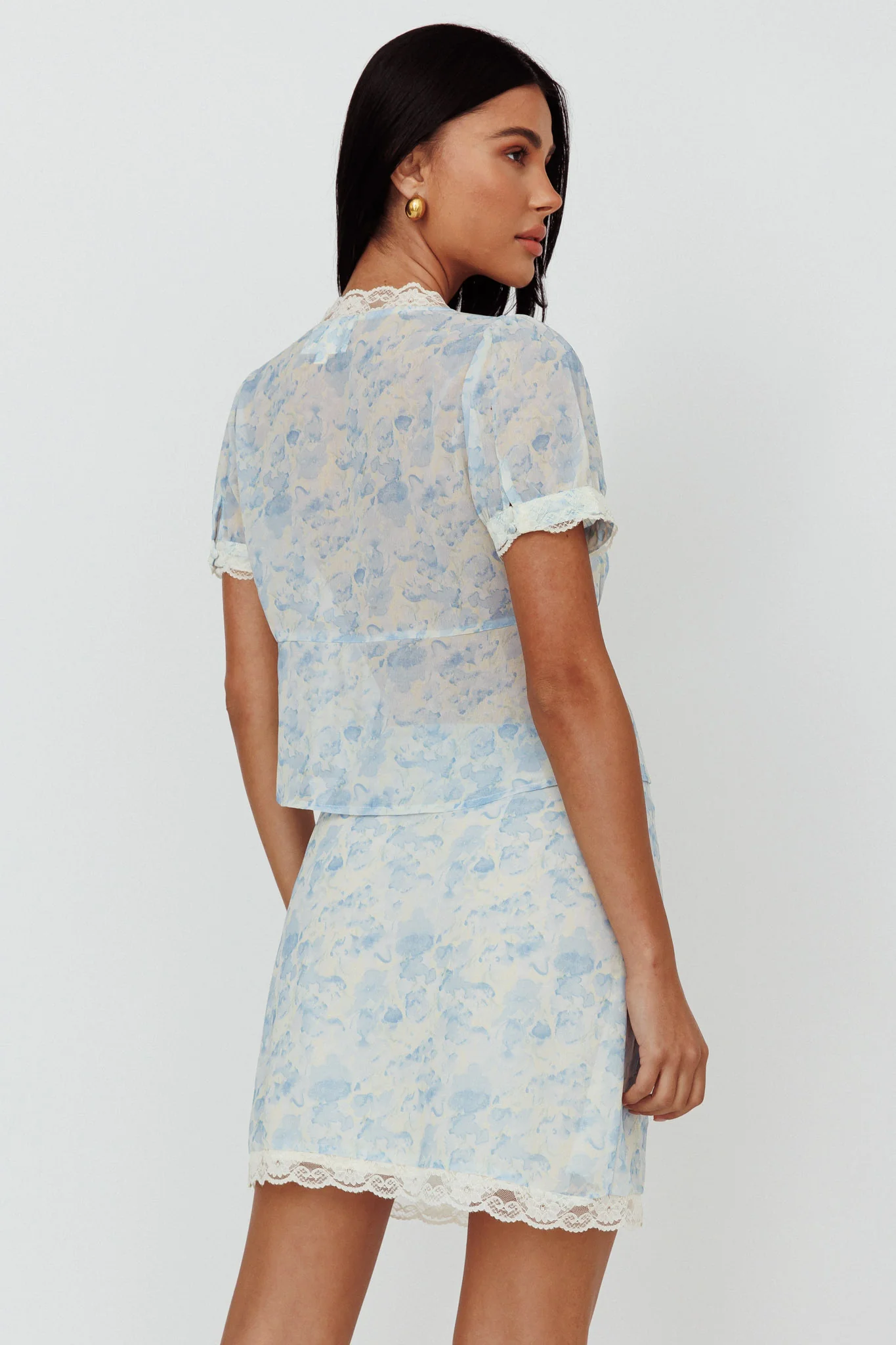 Palmer Lace Trim Blouse Top Blue - Seraphlike