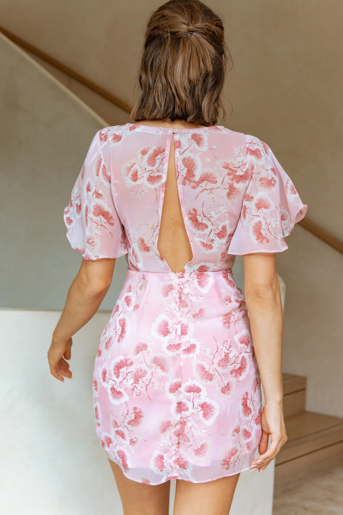 Dionne Angel Sleeve Twist Detail Dress Botanic Print Pink/Rose - Seraphlike