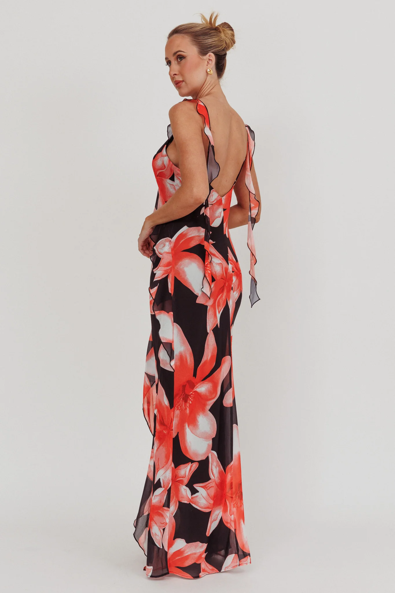 Joyride Floral Ruffle Maxi Dress Black/Red - Seraphlike
