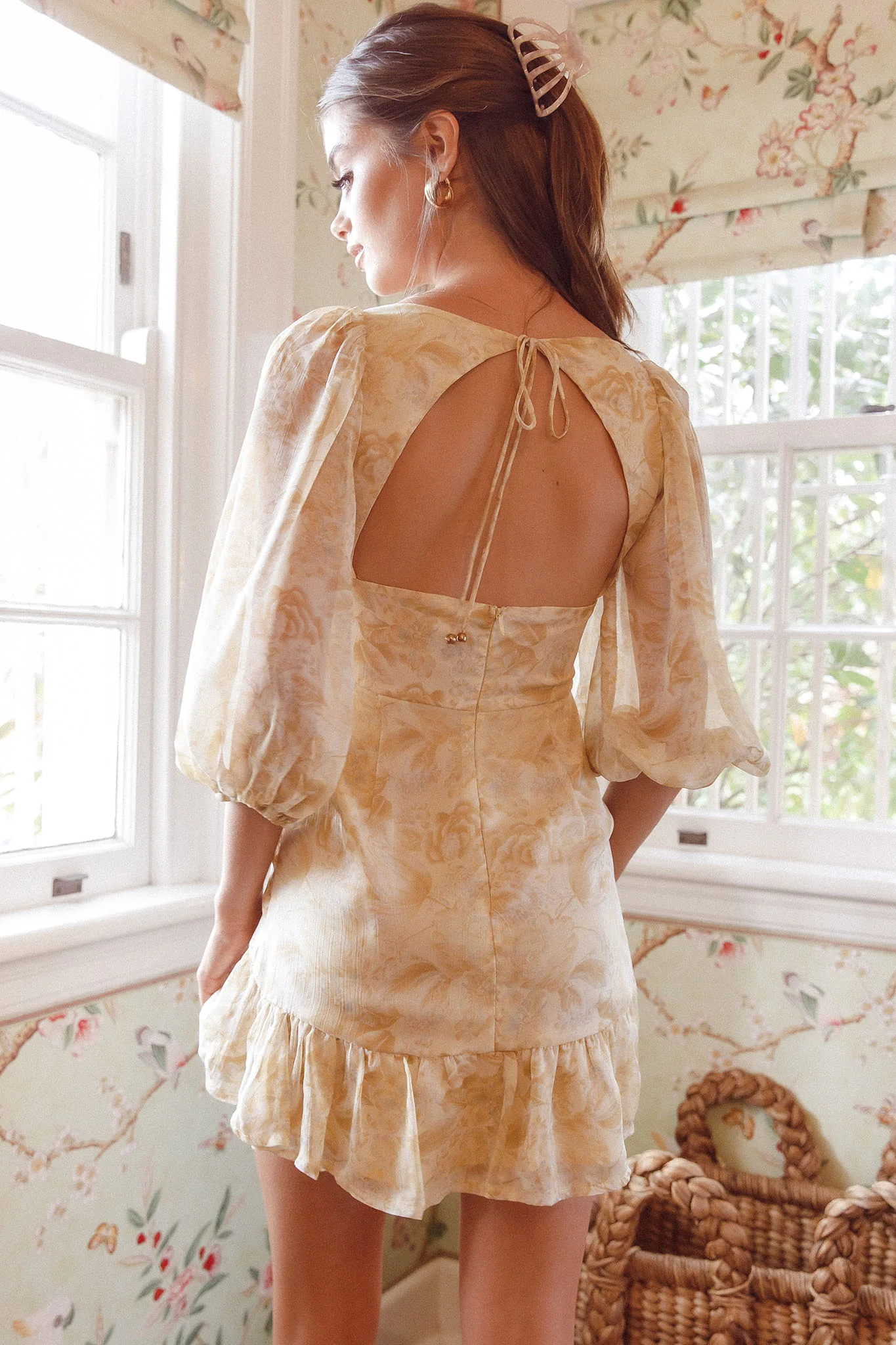 Tresa Twist Front Flounce Hem Mini Dress Floral Yellow - Seraphlike