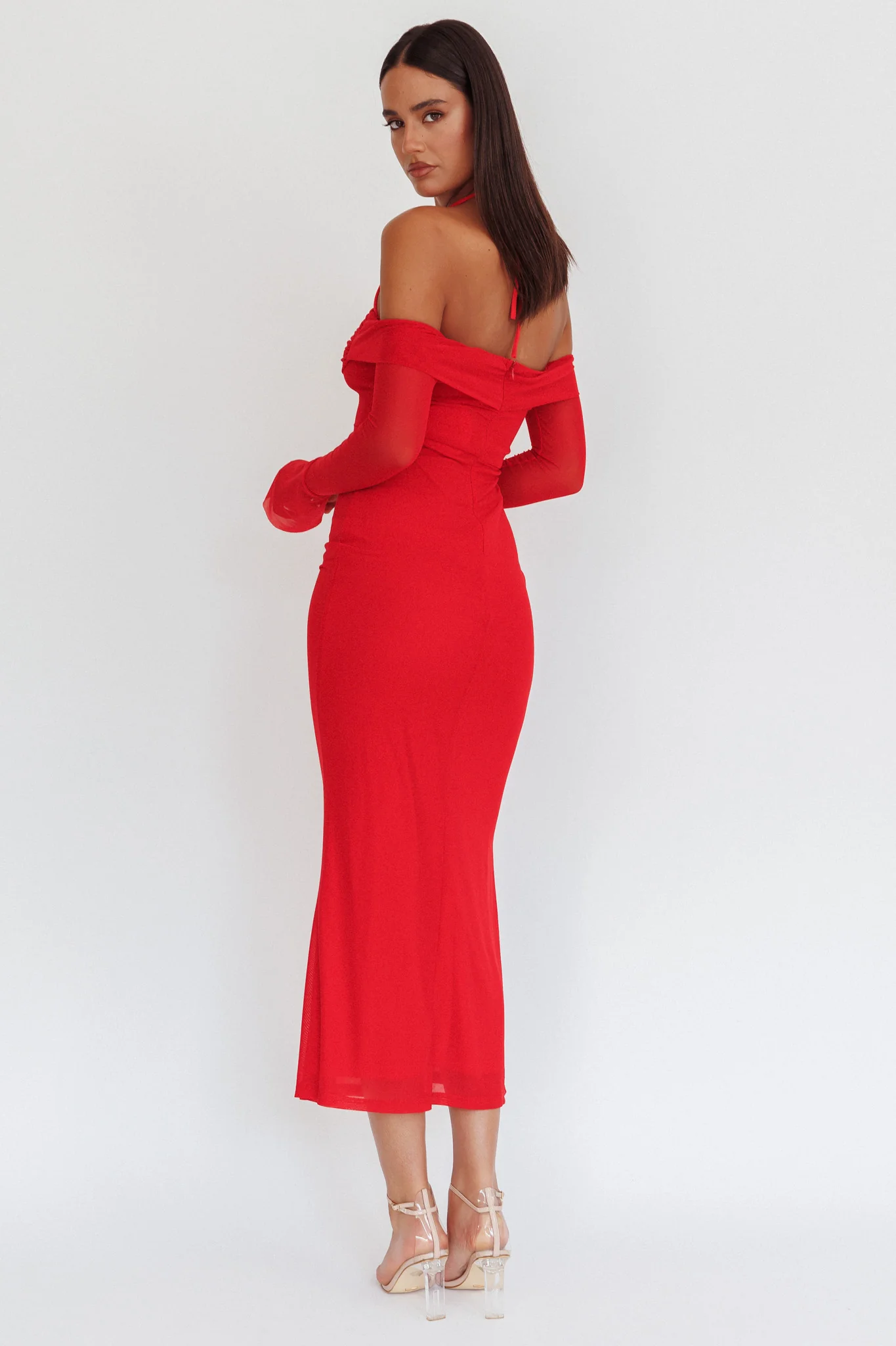 Numbers Game Off-Shoulder Halter Maxi Dress Red - Seraphlike