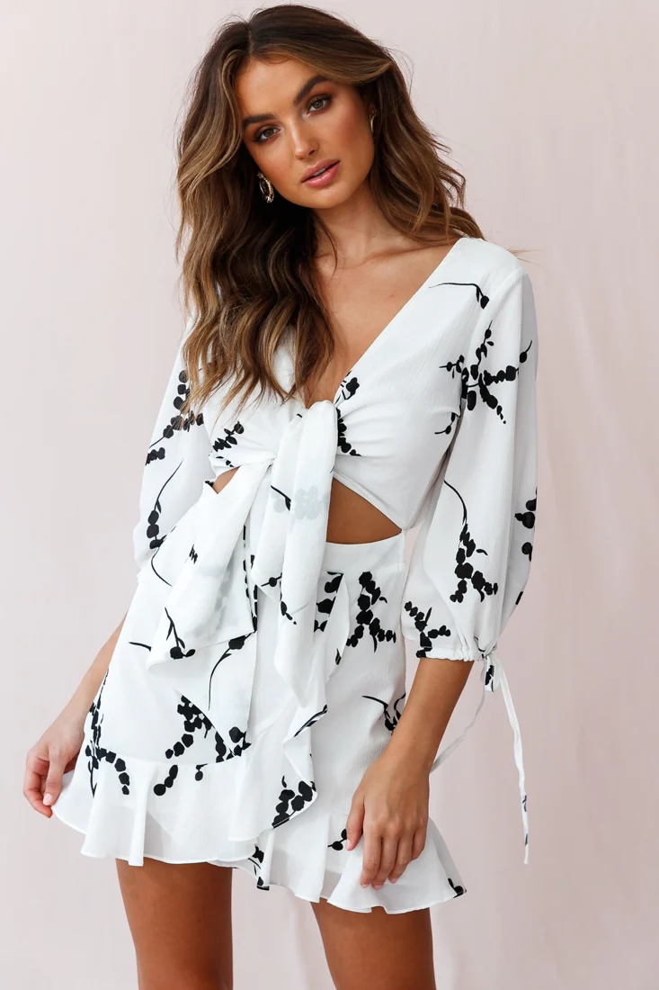 Stavroulla Tie-Front Three Quarter Sleeve Dress White - Seraphlike