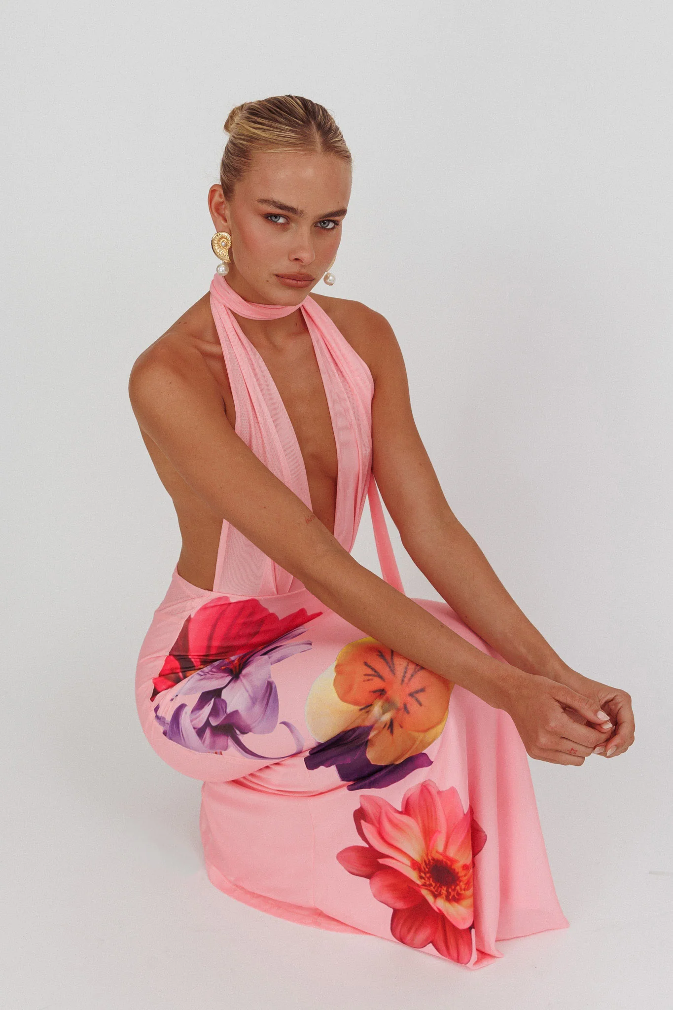 Italia Azure Halterneck Maxi Dress Flowers Pink - Seraphlike