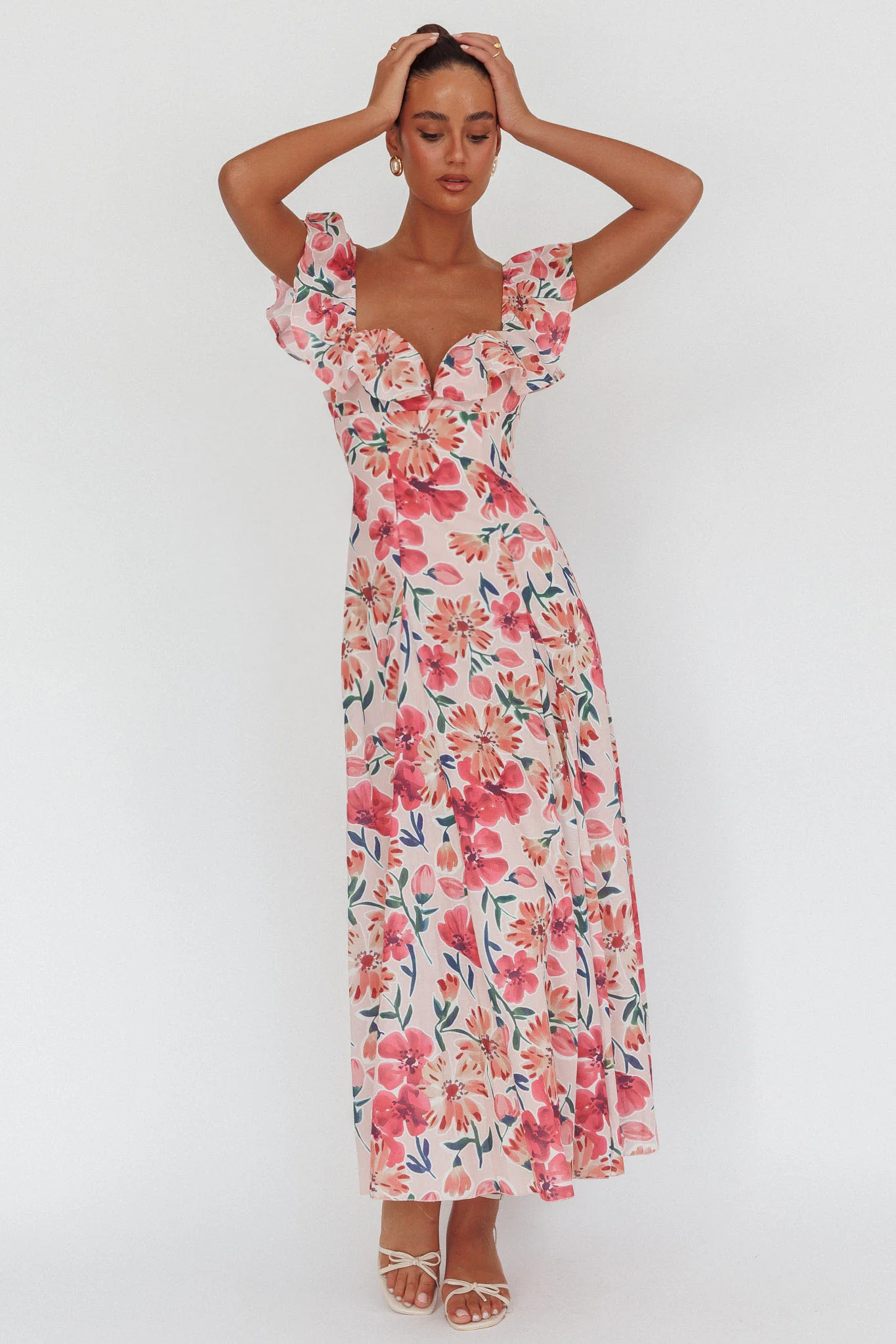 Palms Ruffle Sleeve Tied Back Maxi Dress Floral Pink - Seraphlike