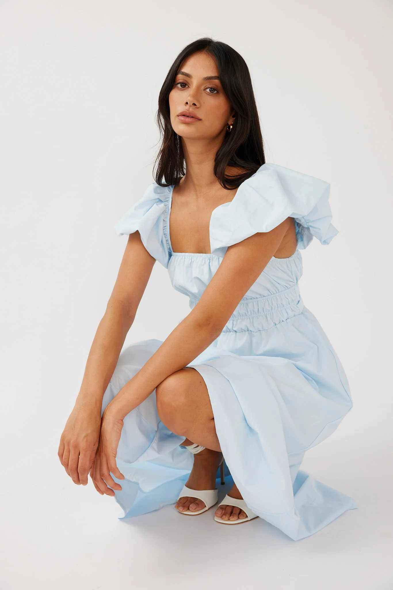 Rose Meadow Puffed Sleeve Midi Dress Blue - Seraphlike