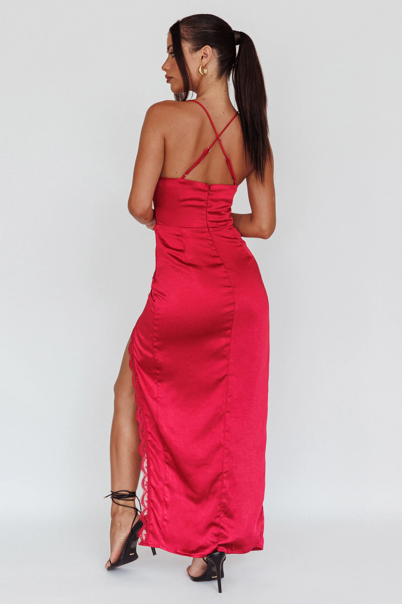 Winter Moon Lace Trim Midi Dress Wine - Seraphlike