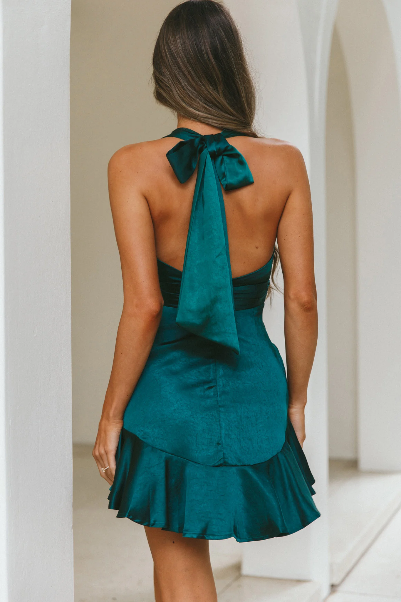 Champs Elysees Halterneck Ruffle Hem Mini Dress Forest Green - Seraphlike