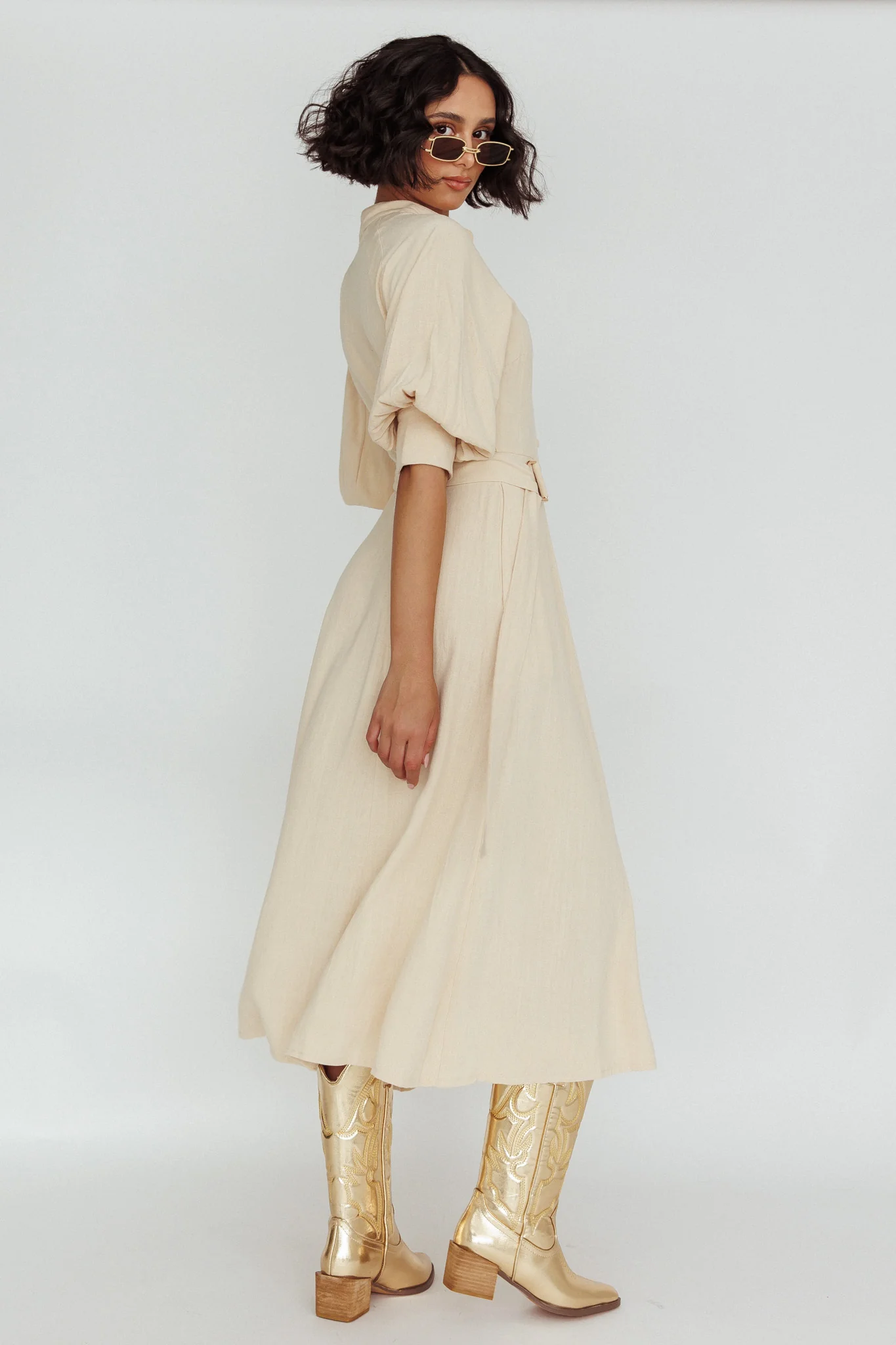 Mallory Belted Waist Lantern Sleeve Midi Dress Beige - Seraphlike