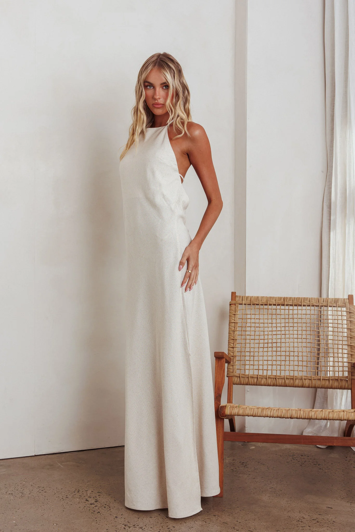 Gracie Halter Tied Back Maxi Dress Oatmeal - Seraphlike