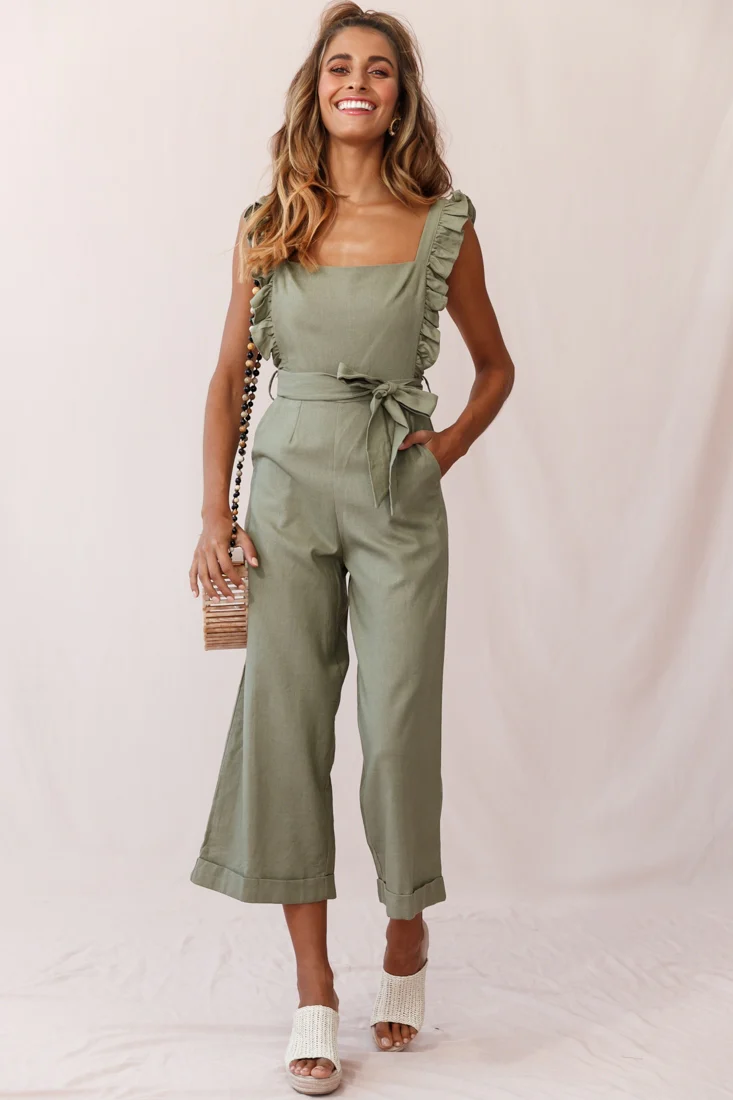 Serenade Ruffle Strap Pinafore Jumpsuit Olive - Seraphlike