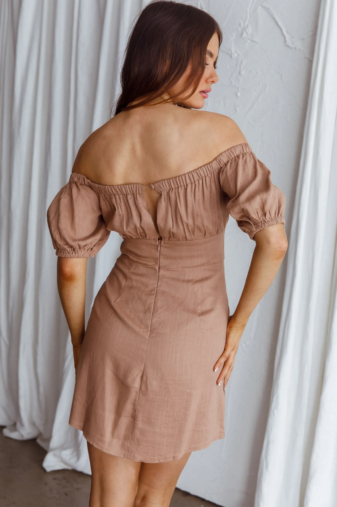 Dayanara Off-Shoulder Puff Sleeve Dress Mocha - Seraphlike