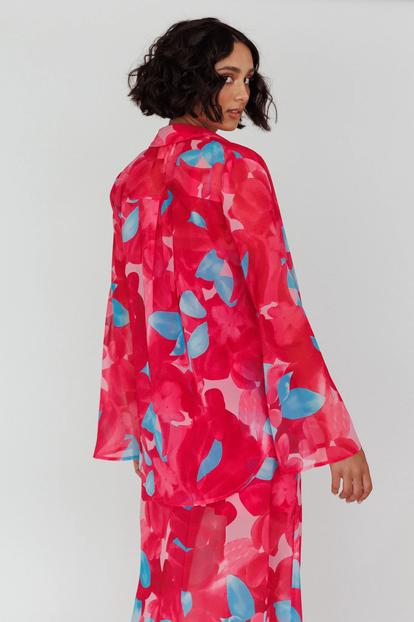 Stasi Flared Cuff Long Sleeve Shirt Floral Pink - Seraphlike