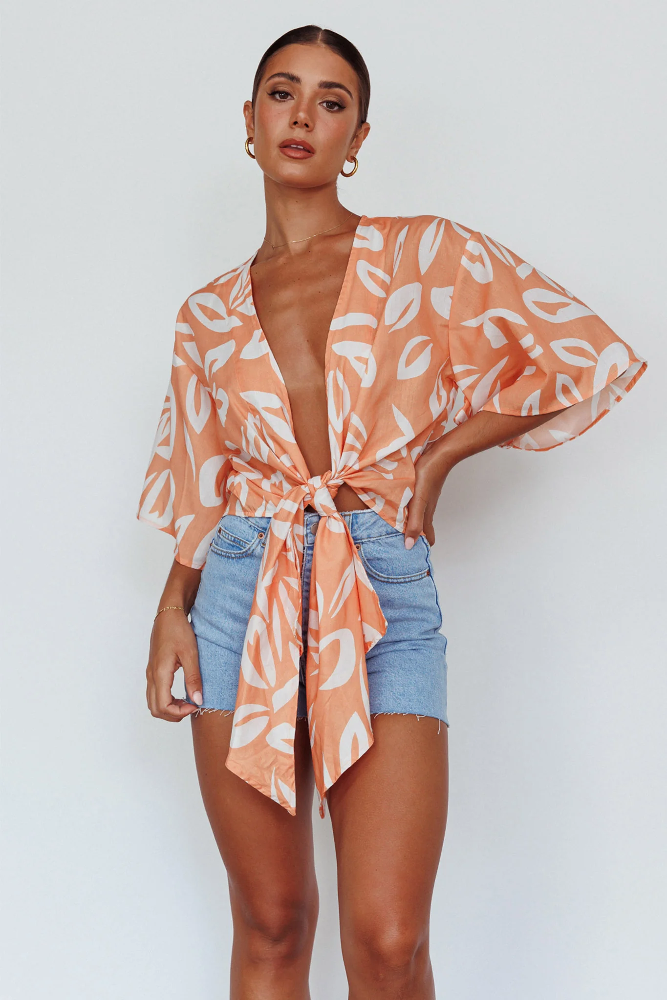 Rivera Deep-V Waist-Tie Top Leaves Mango - Seraphlike