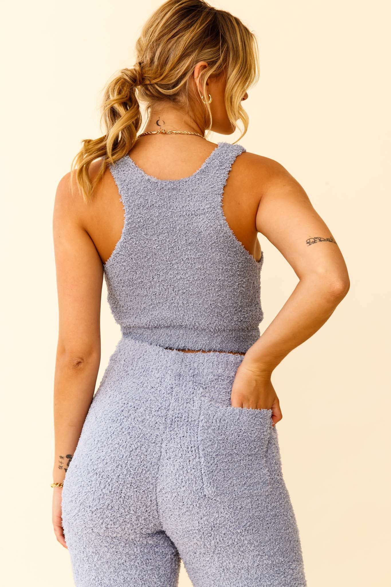 My Girl Fuzzy Knit Thick Strap Crop Top Steel Blue - Seraphlike