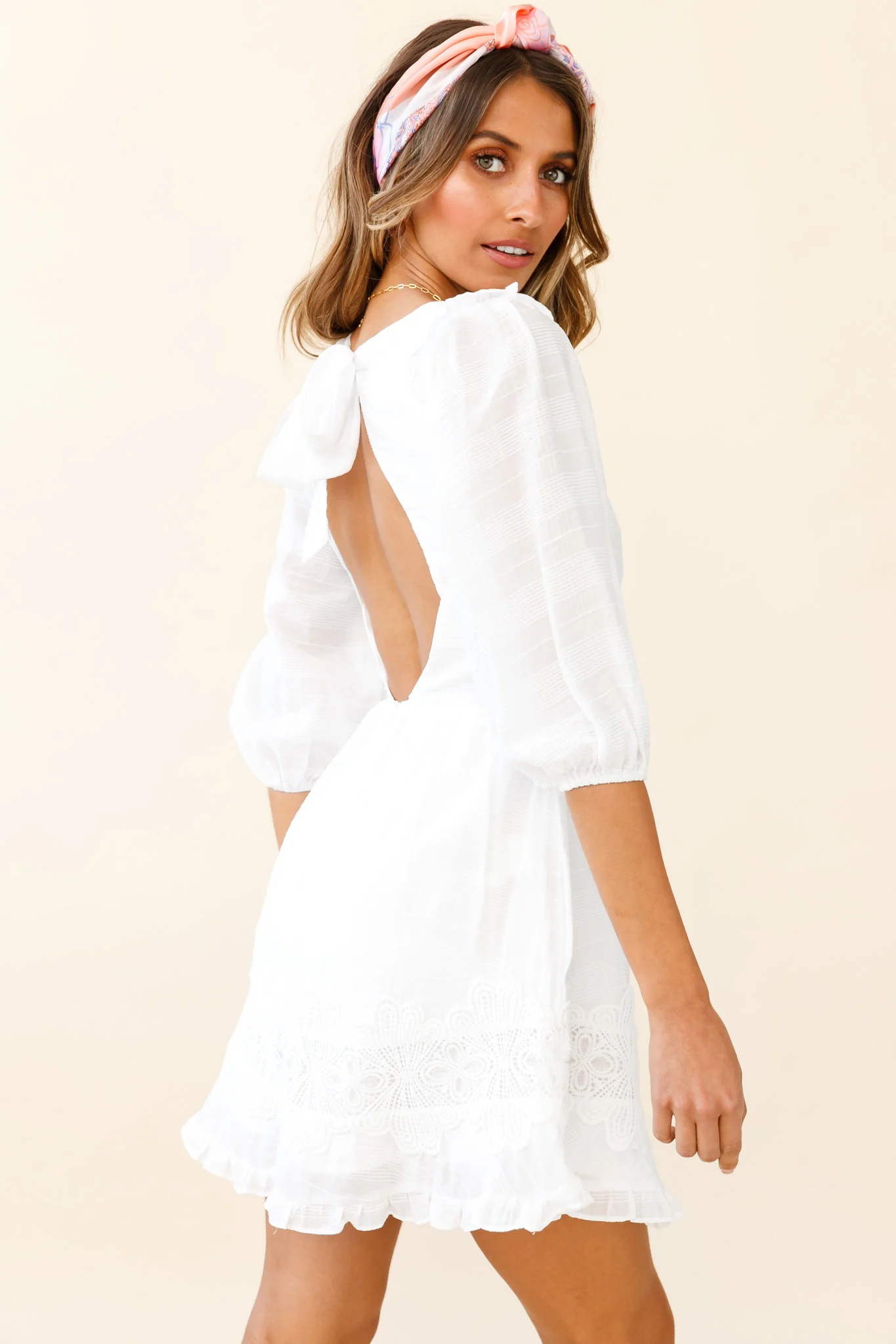 Sunday Morning Applique Embellished Open Back Dress White - Seraphlike