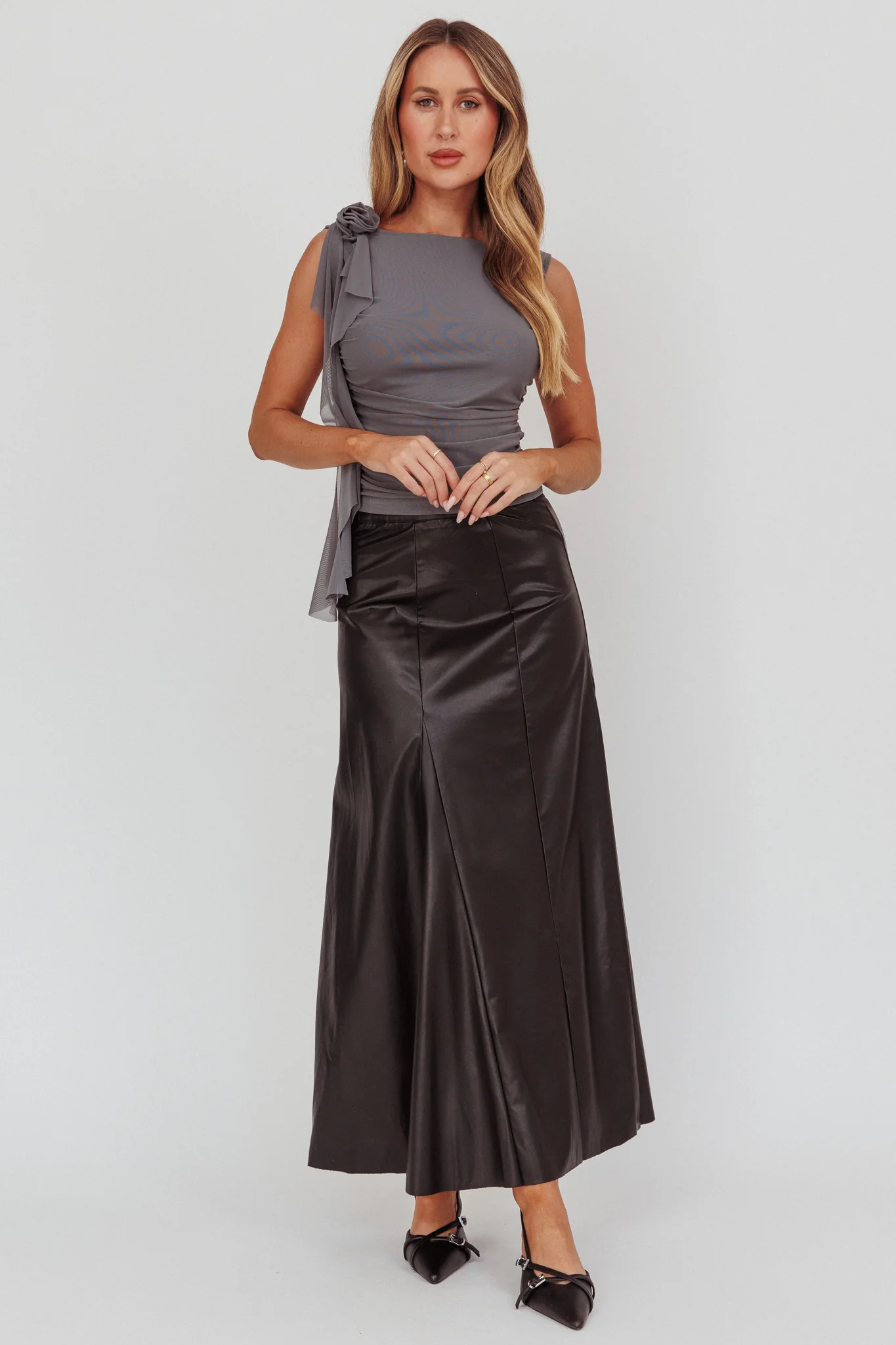 Galaxia A-Line Faux Leather Maxi Skirt Black - Seraphlike