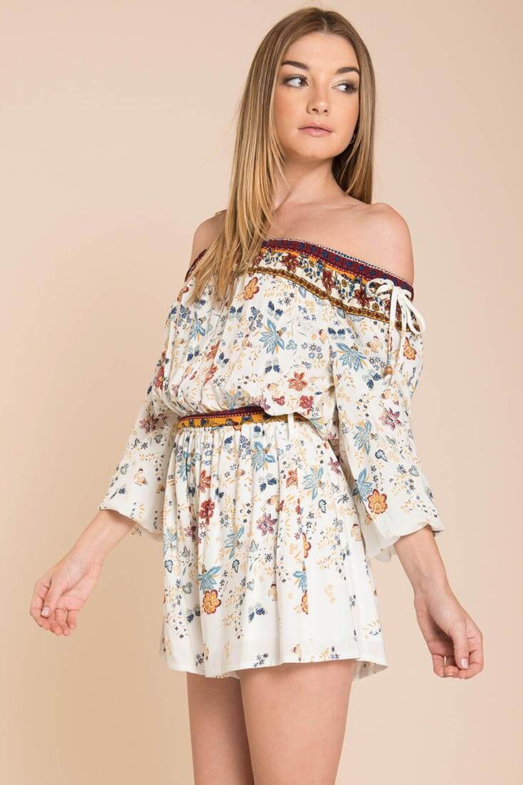 Kiley Floral Romper White / Brown - Seraphlike