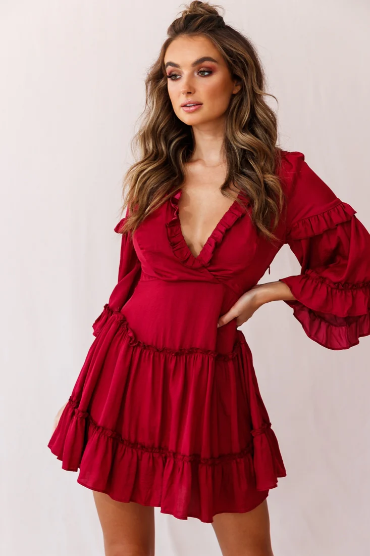 Albany Bell Sleeve Frill Dress Wine - Seraphlike