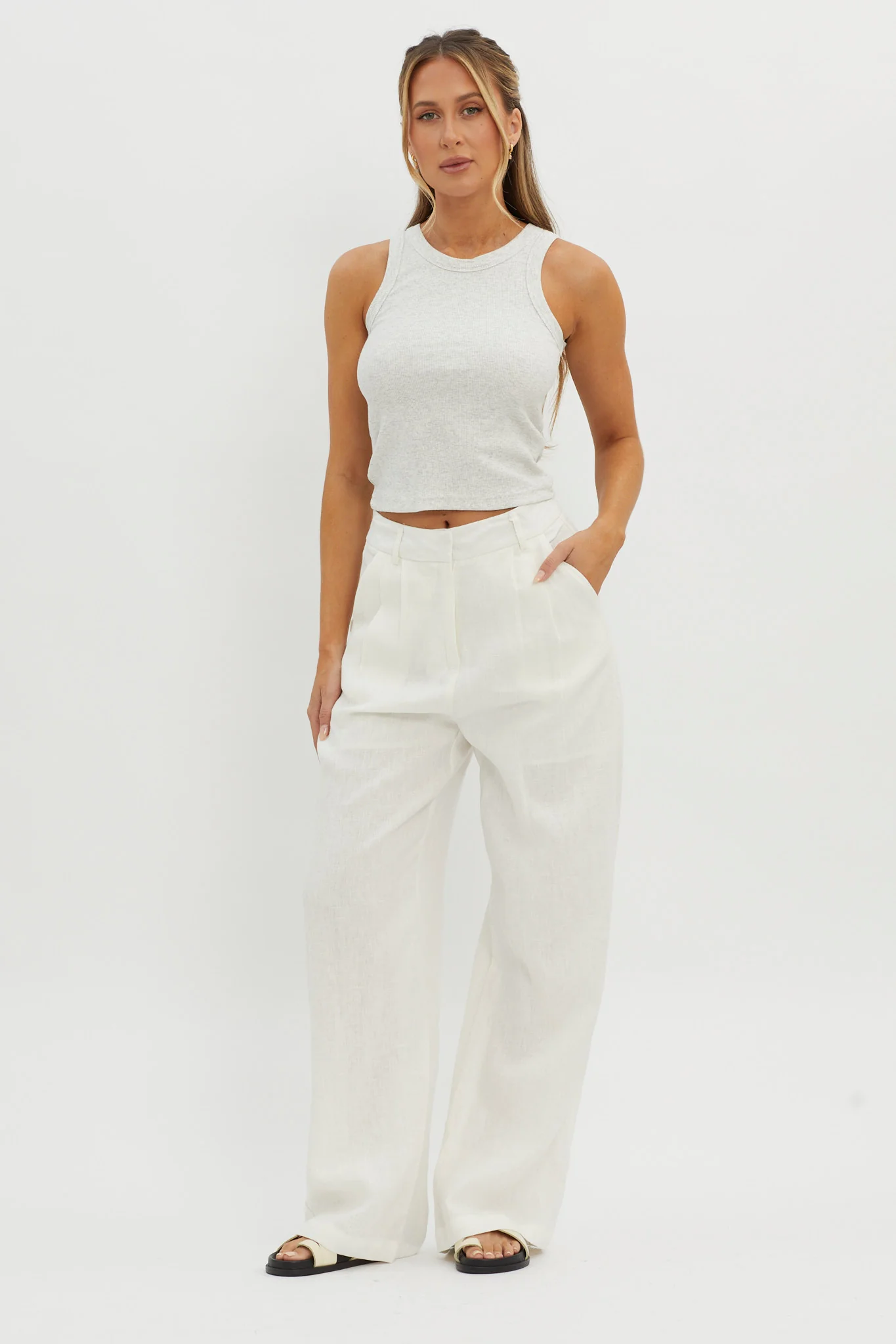 Dodie Straight Leg Trouser Pants Linen White - Seraphlike
