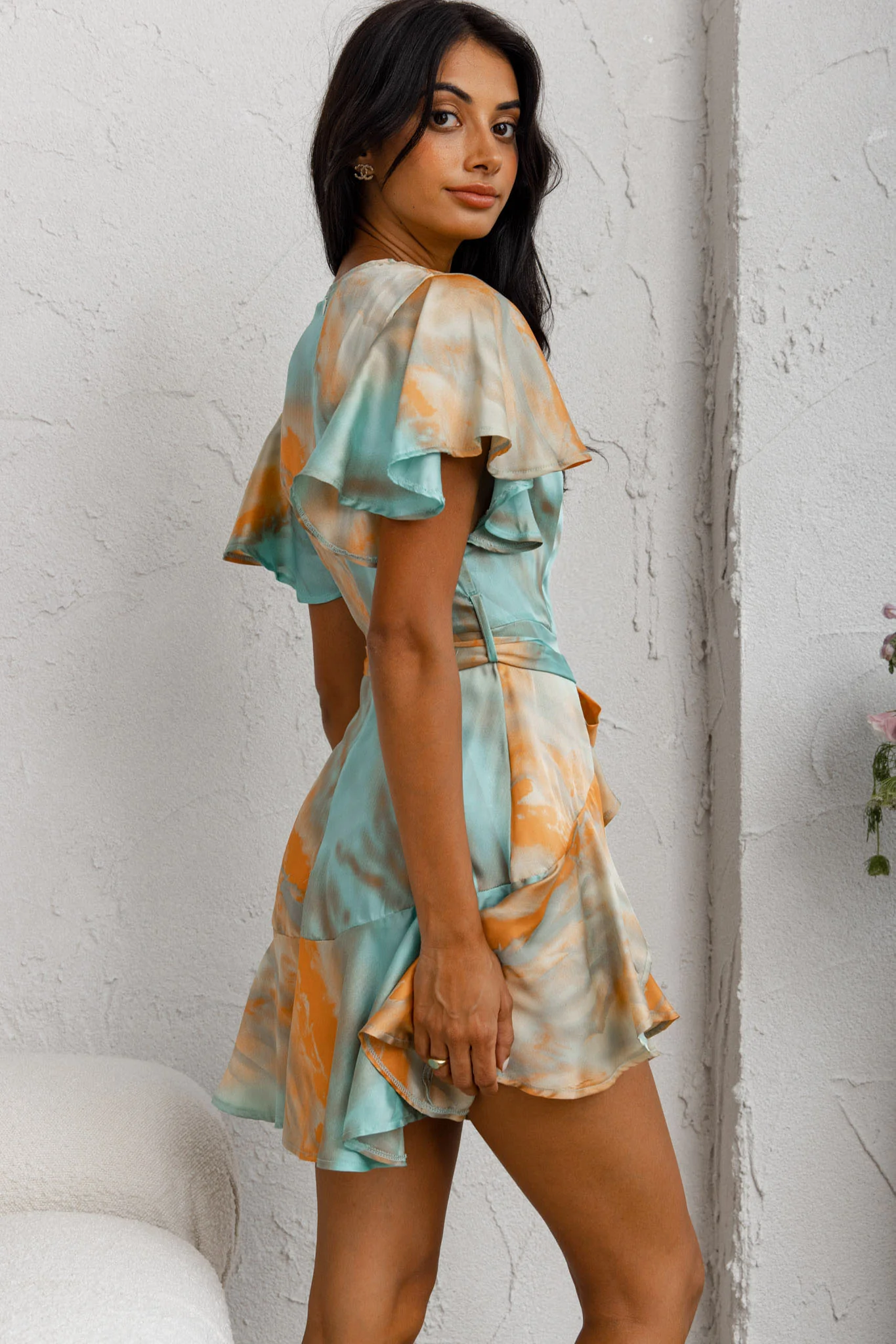 Cami Angel Sleeve Faux Wrap Dress Tie-Dye Print Aqua/Orange - Seraphlike