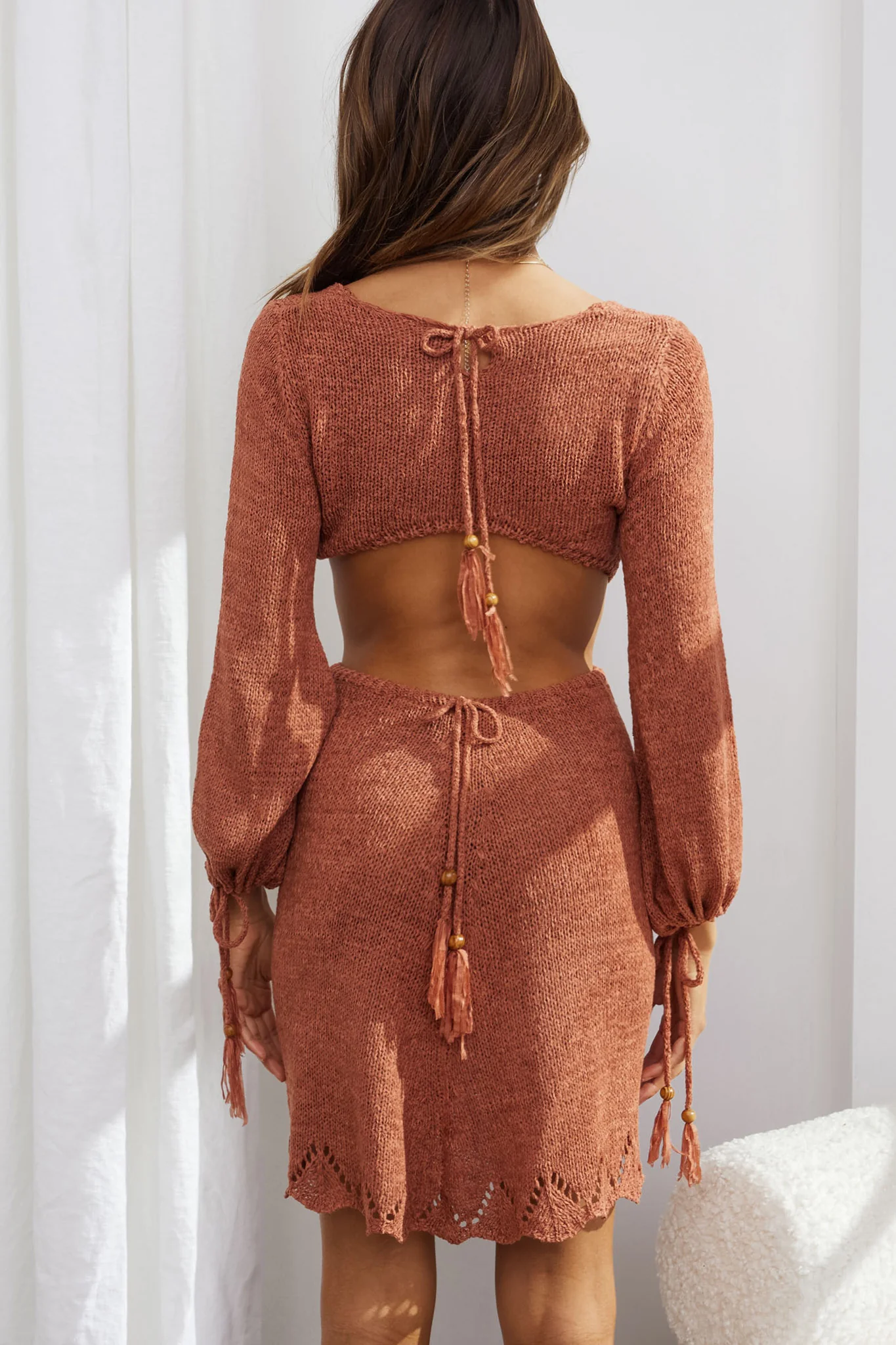Out Of Office Long Sleeve Cut-Out Knit Mini Dress Chocolate - Seraphlike