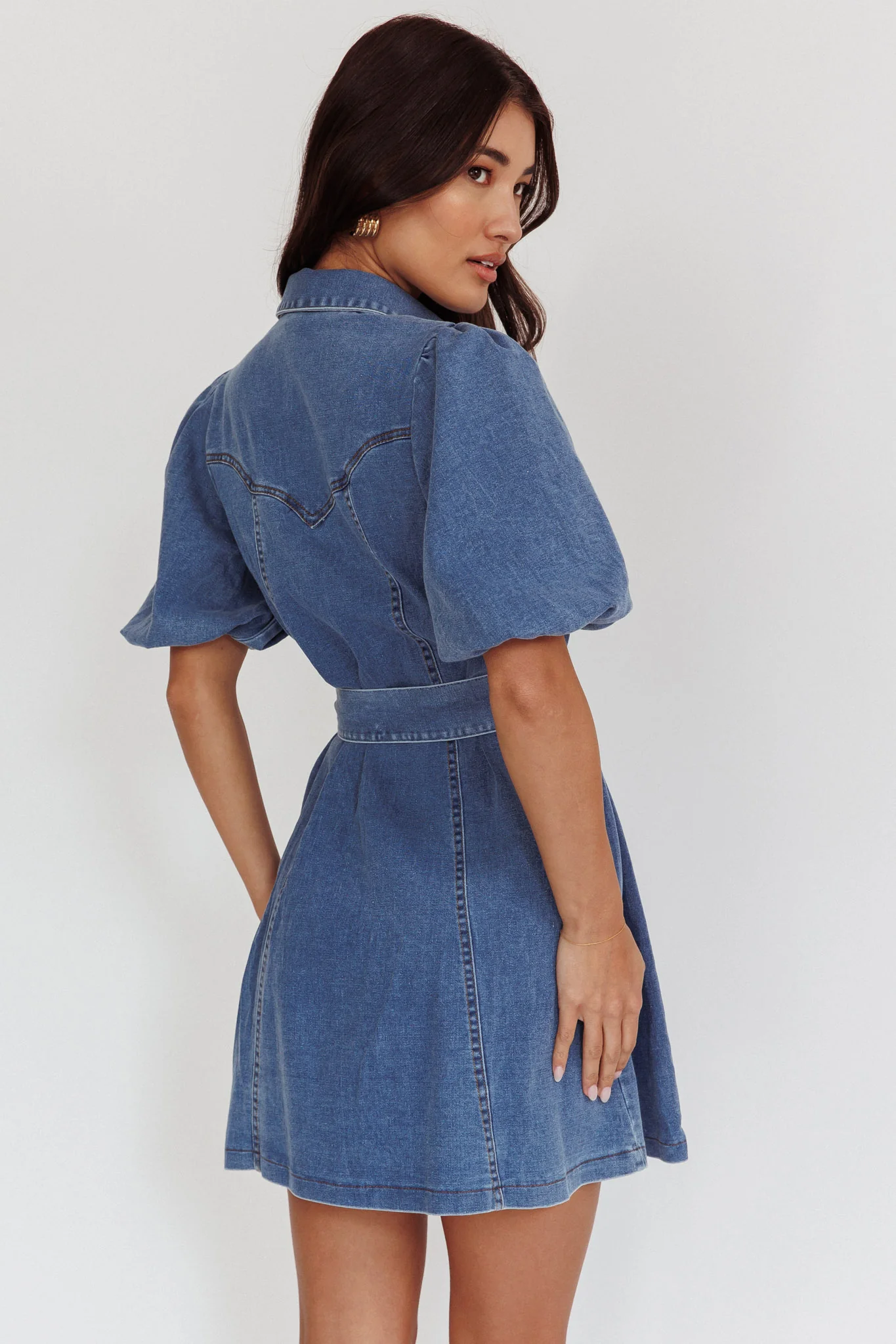 Myleigh Puff Sleeve Waist Tie Mini Dress Denim Blue - Seraphlike