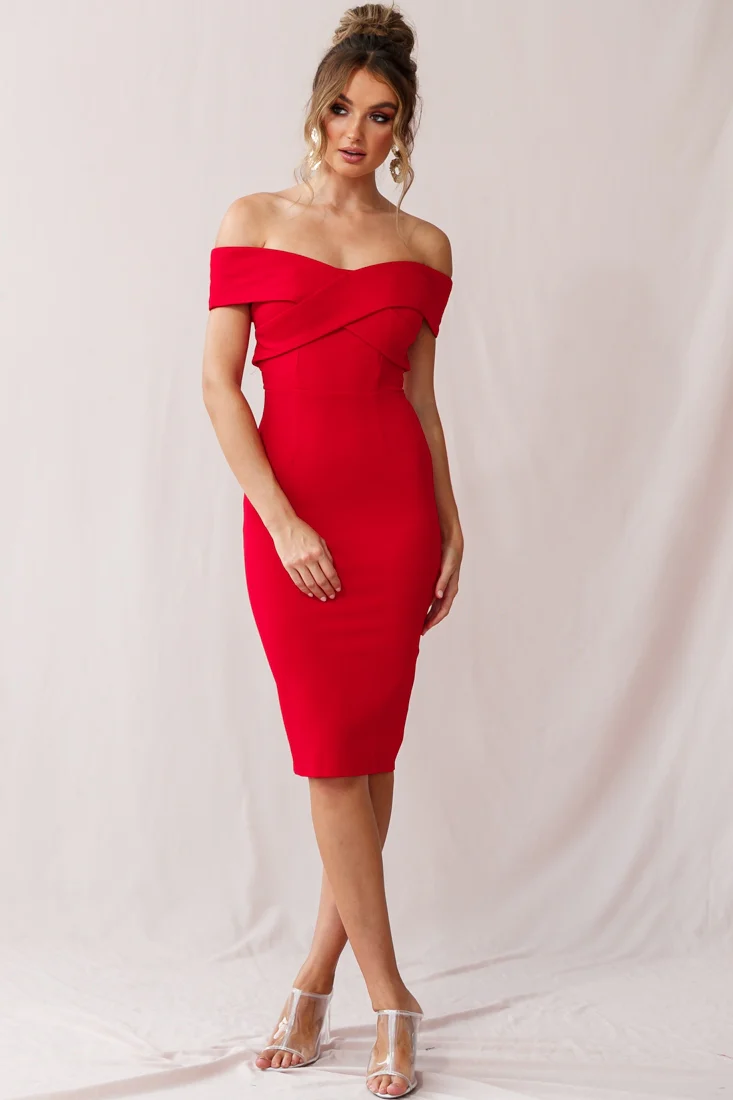 Corrine Elegant Off The Shoulder Bodycon Dress Red - Seraphlike