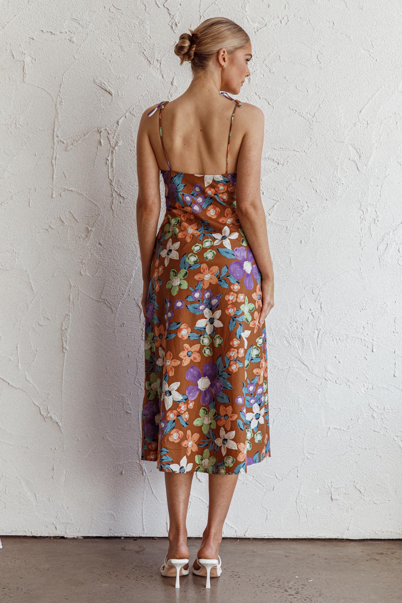 Clovelly Tied Shoulder Midi Dress Flower Terracotta - Seraphlike