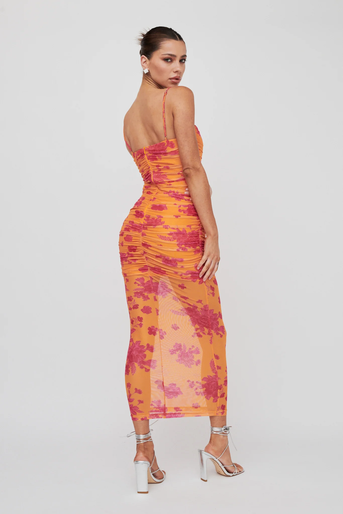 Logan Cami Strap Midi Dress Flower Orange - Seraphlike
