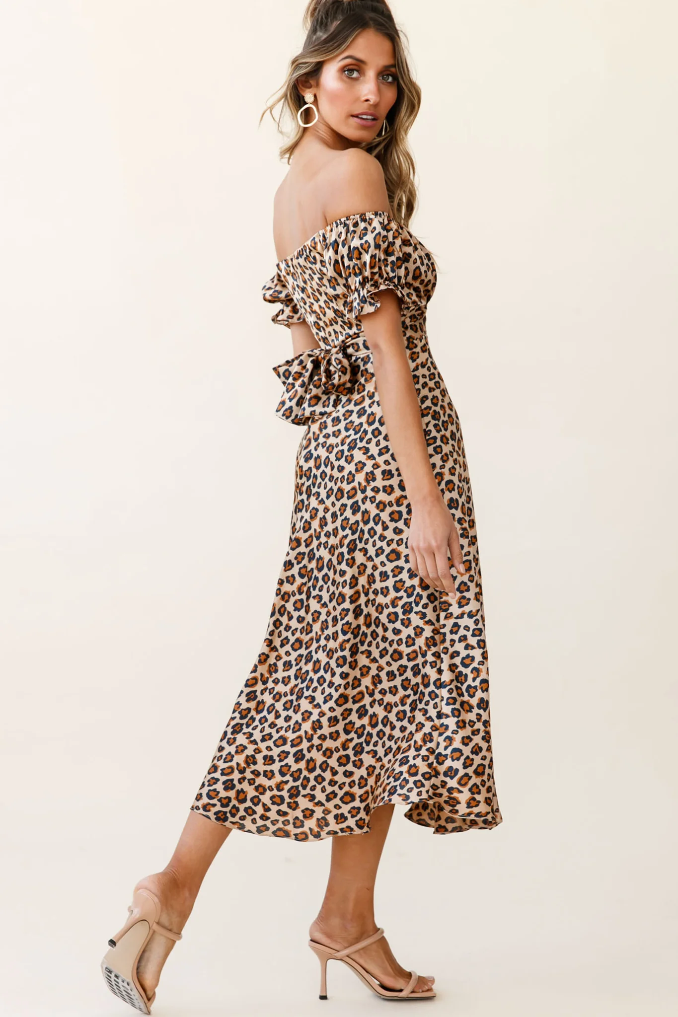 Linka Off-Shoulder Tie Back Midi Dress Leopard Print Brown - Seraphlike