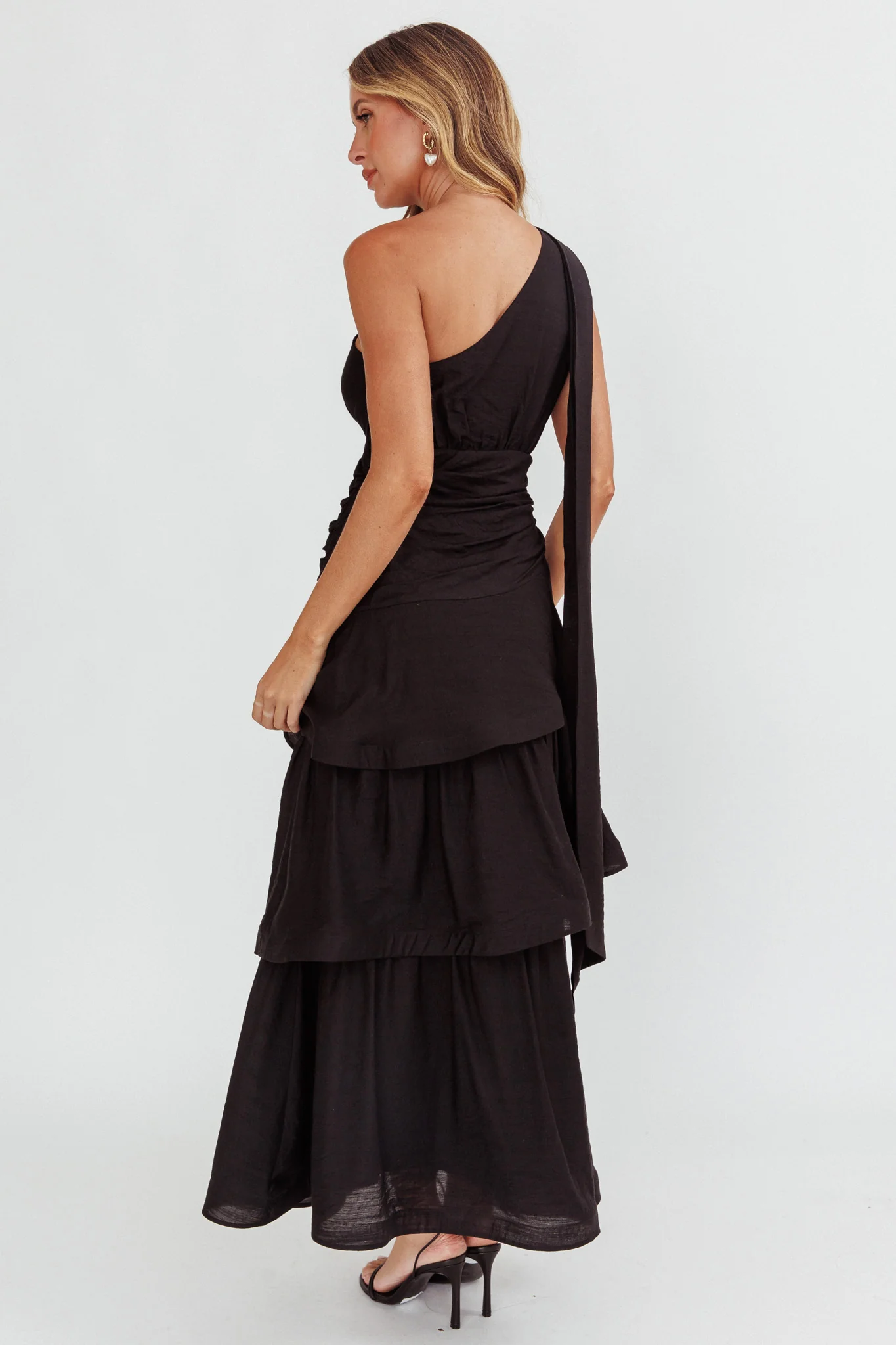 Kenny One Shoulder Tiered Maxi Dress Solid Black - Seraphlike