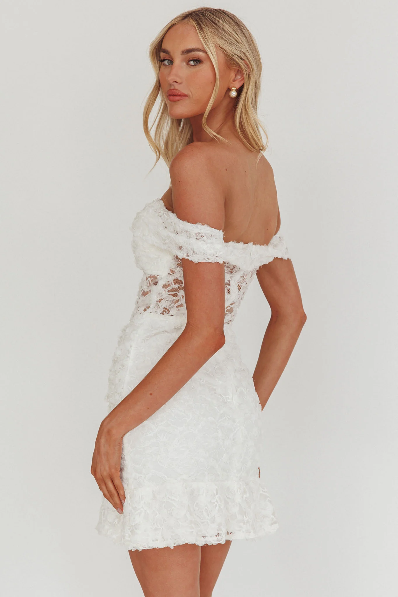 All The Lights Off-Shoulder Lace Mini Dress White - Seraphlike