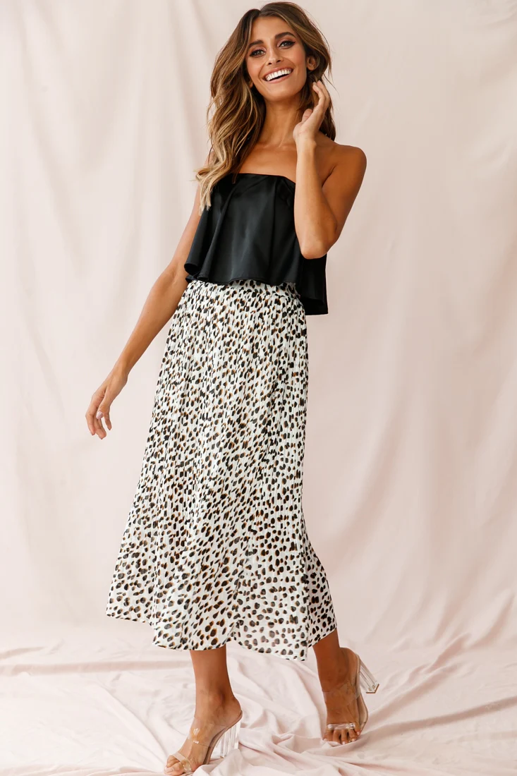 Caroline Accordion Pleat Midi Skirt Animal Print White - Seraphlike