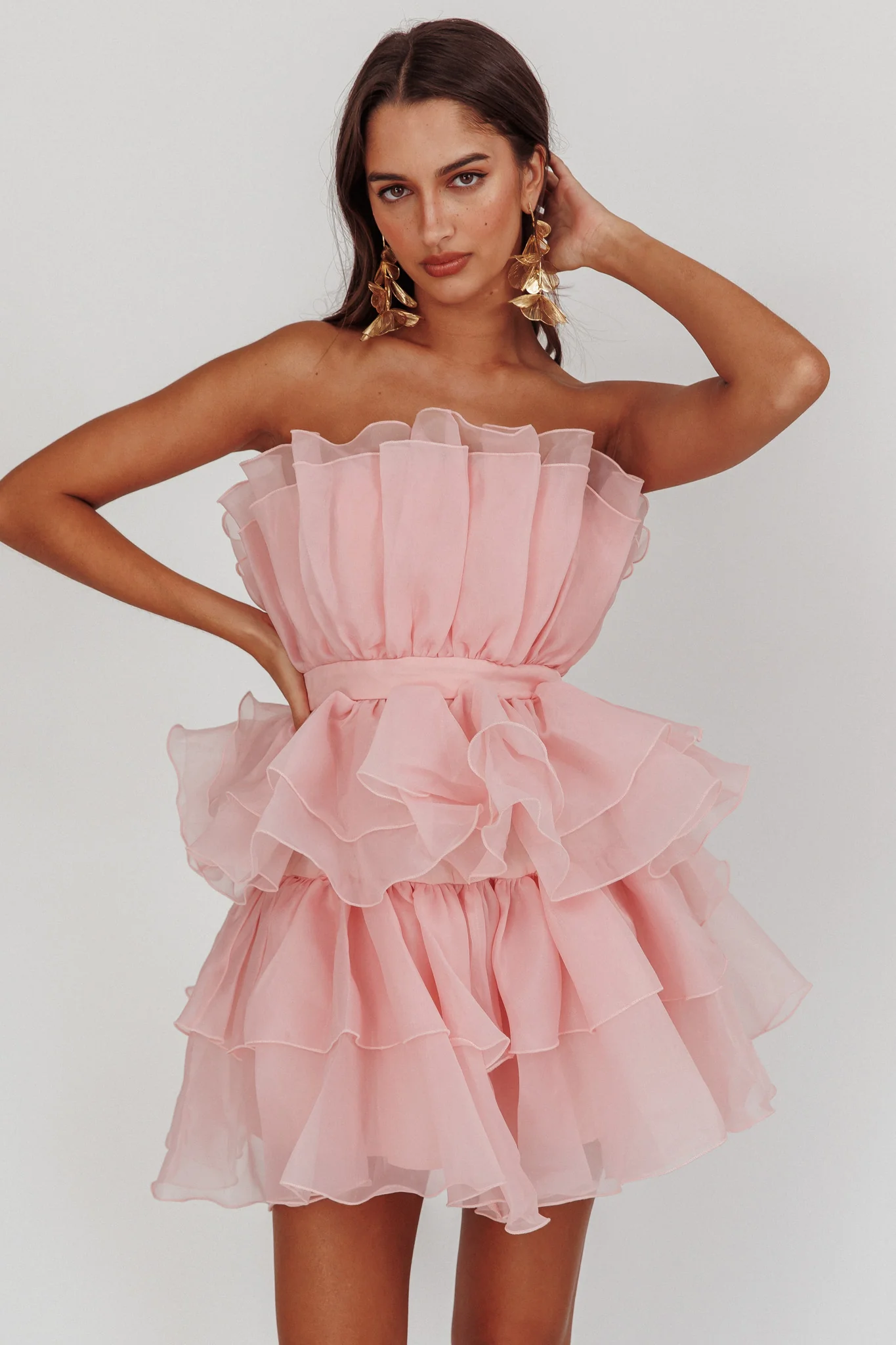 Bon Bon Tiered Chiffon Mini Dress Blush - Seraphlike