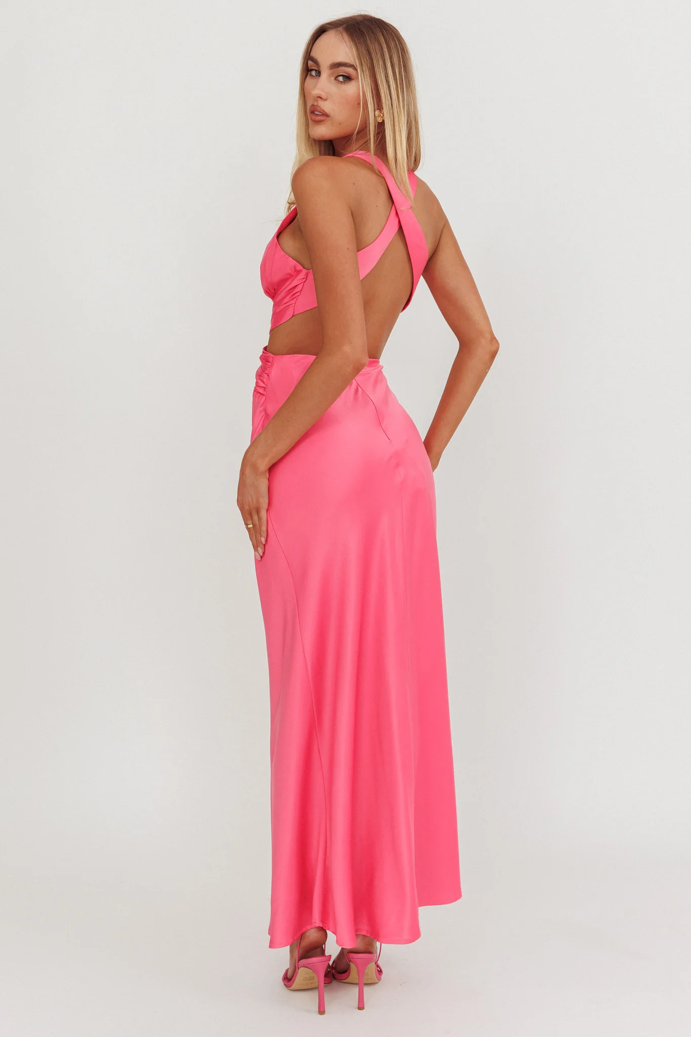 On And On Crossover Cut-Out Maxi Dress Hot Pink - Seraphlike