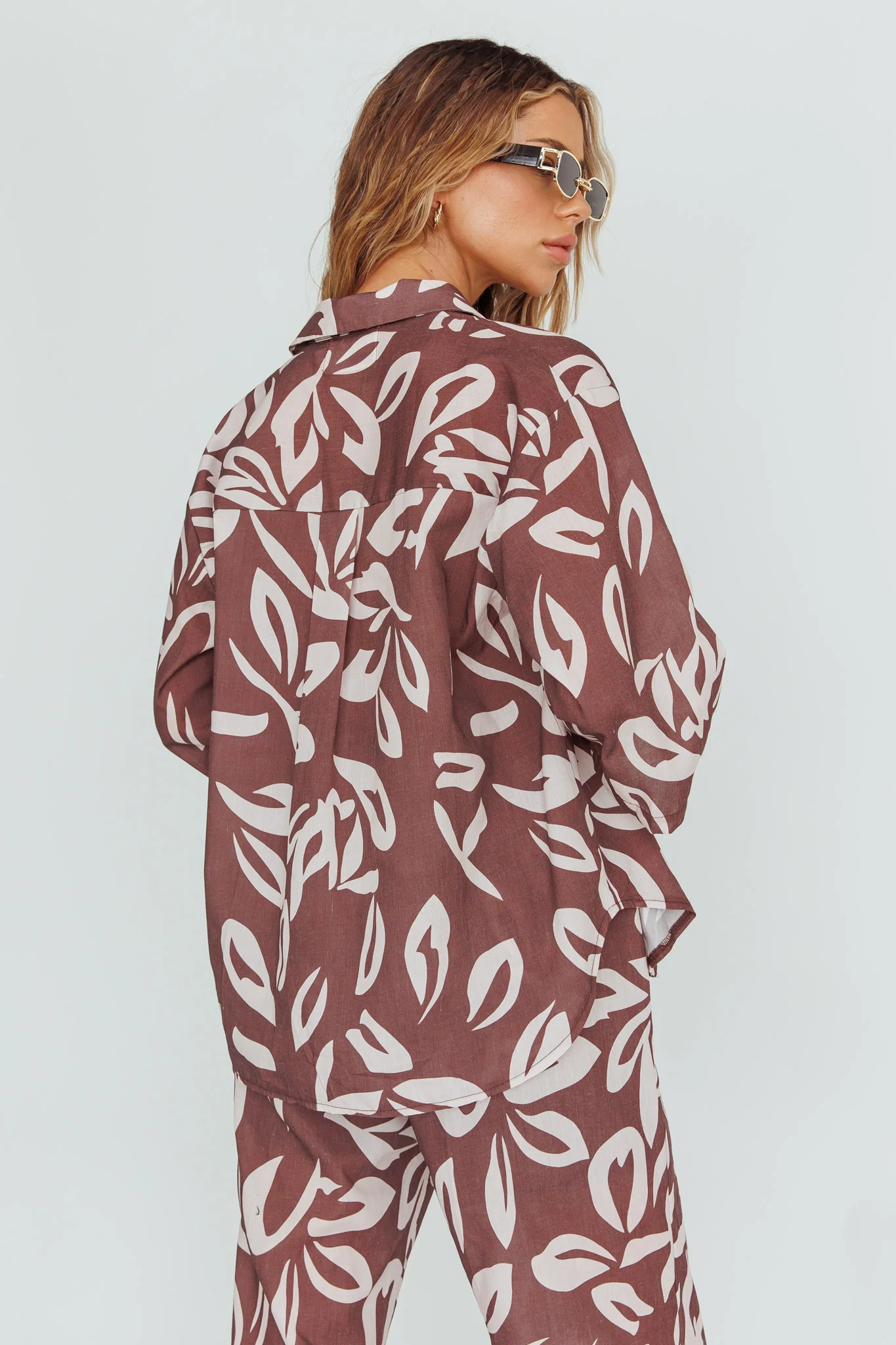Just A Hunch Button Shirt Leaf Print Chocolate - Seraphlike