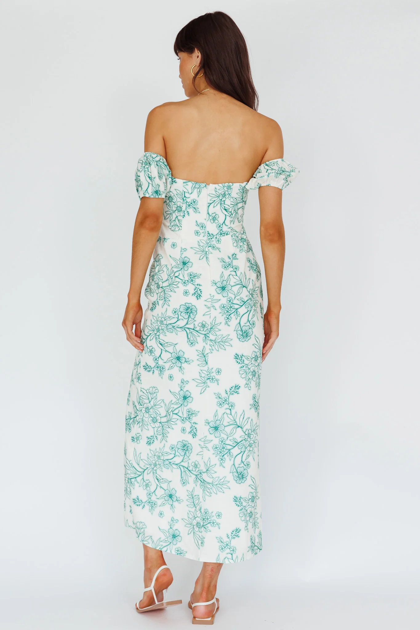 Olivier Off-Shoulder Midi Dress Floral Green - Seraphlike