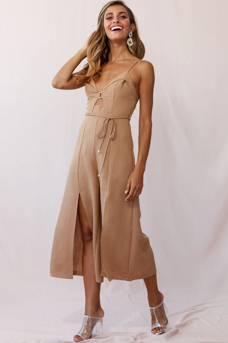 Charlie Structured Wide Leg Jumpsuit Tan - Seraphlike