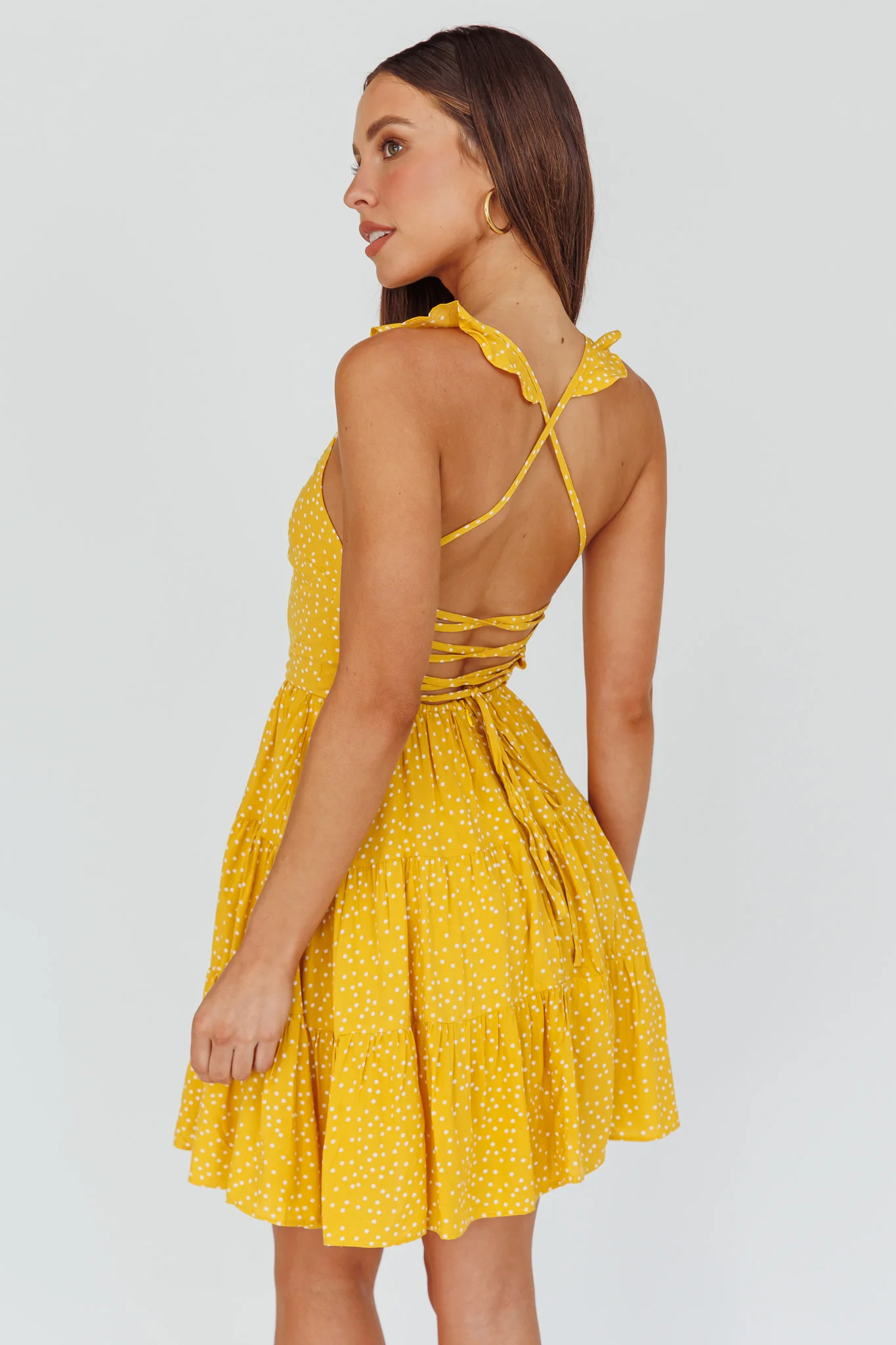 Allegra Fluted Hem Lace-Up Back Dress Yellow - Seraphlike