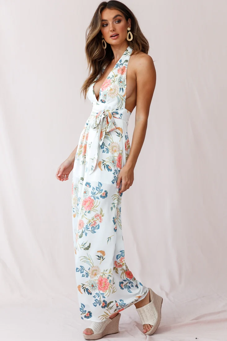 Make Me Halterneck Low Back Jumpsuit Floral Print White - Seraphlike