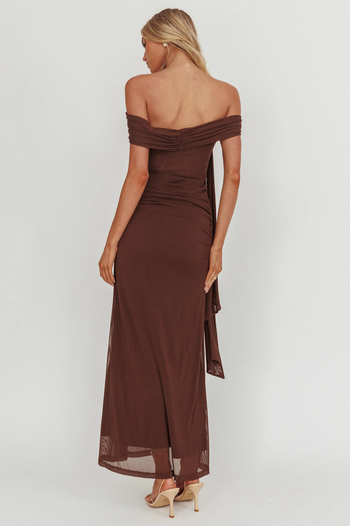 Silver Moon Tied Off-Shoulder Maxi Dress Chocolate - Seraphlike