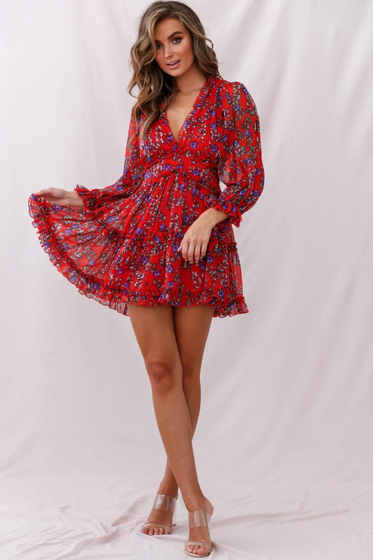 Laney Cutout Back Ruffle Trim Dress Red Floral - Seraphlike