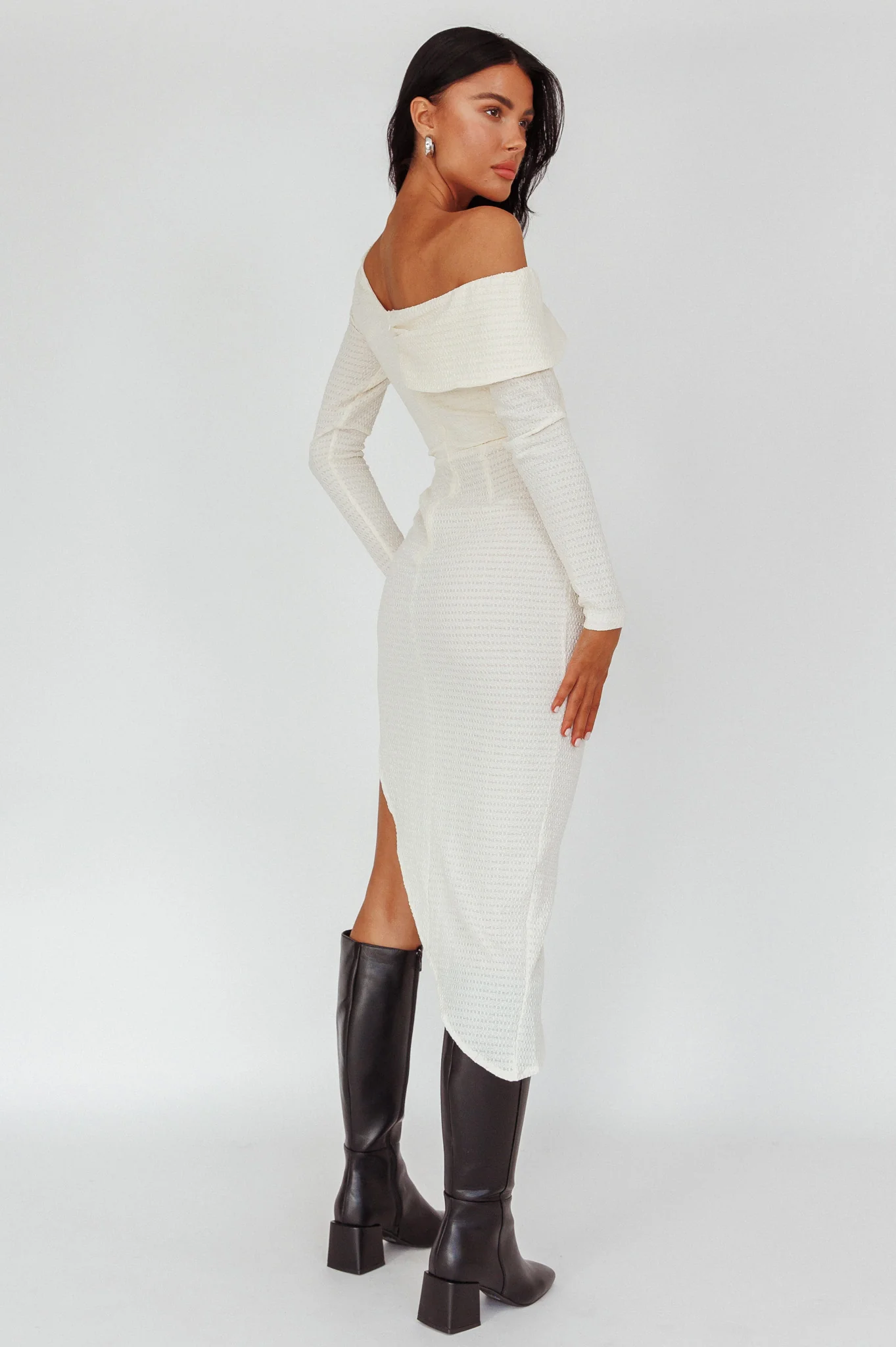 Annalora One-Shoulder Long Sleeve Midi Dress Cream - Seraphlike