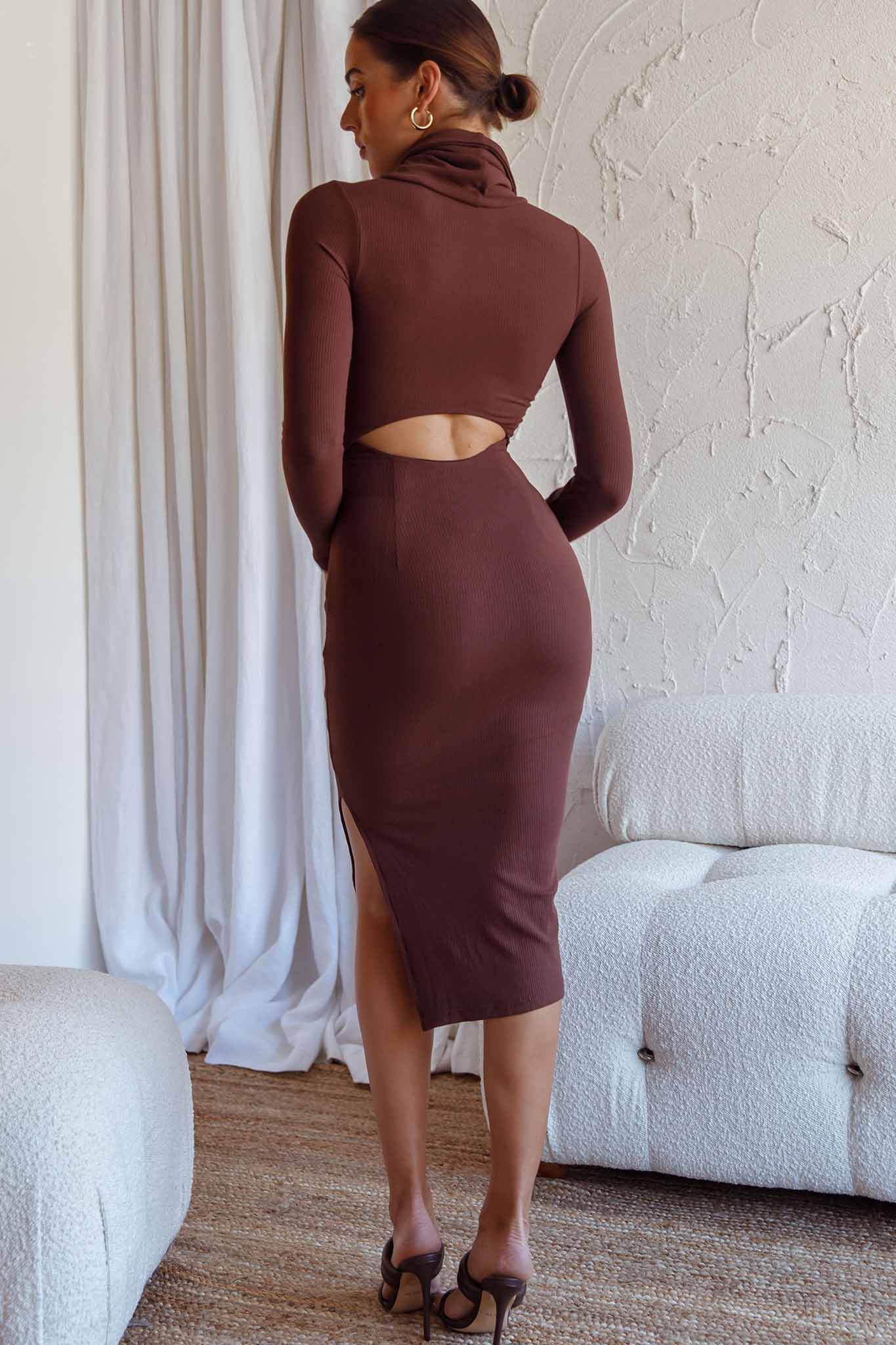Nostalgia Cut-Out Waist Turtleneck Knee Length Dress Chocolate - Seraphlike